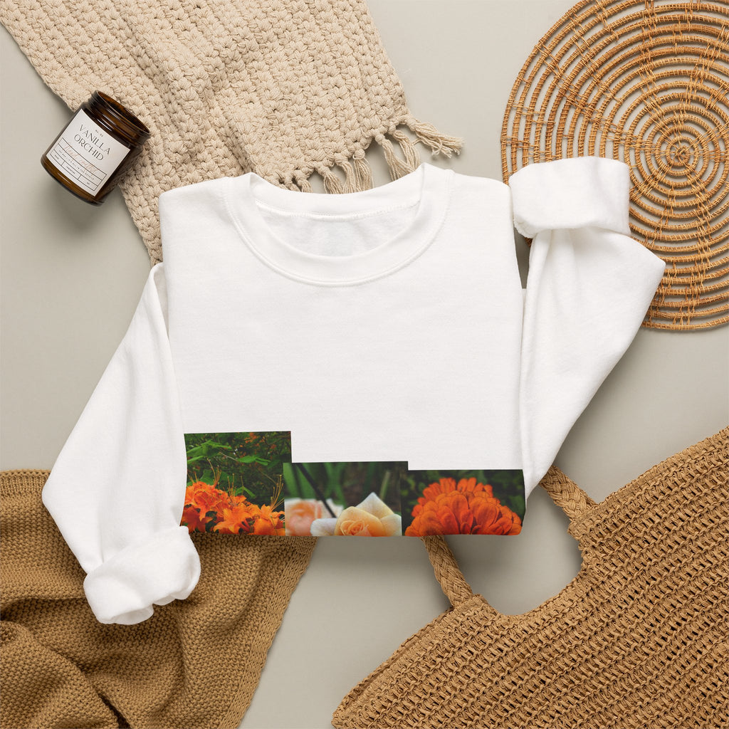 Floral Patchwork Crewneck Sweatshirt — Orange Marigold & Rose Garden Design