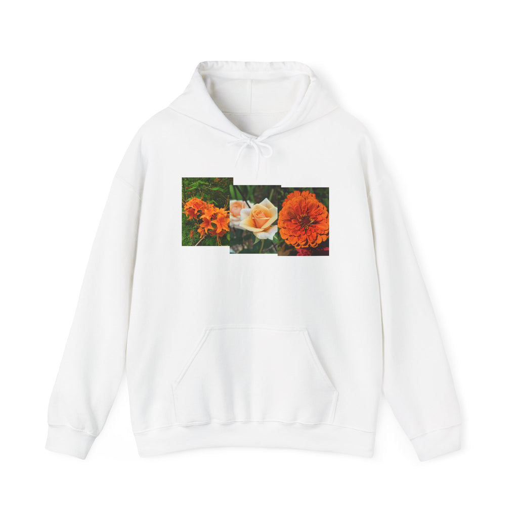 Orange Rose & Marigold Floral Hoodie — Botanical Rectangle Print Graphic Pullover, Garden Sweatshirt, Flower Lover Gift