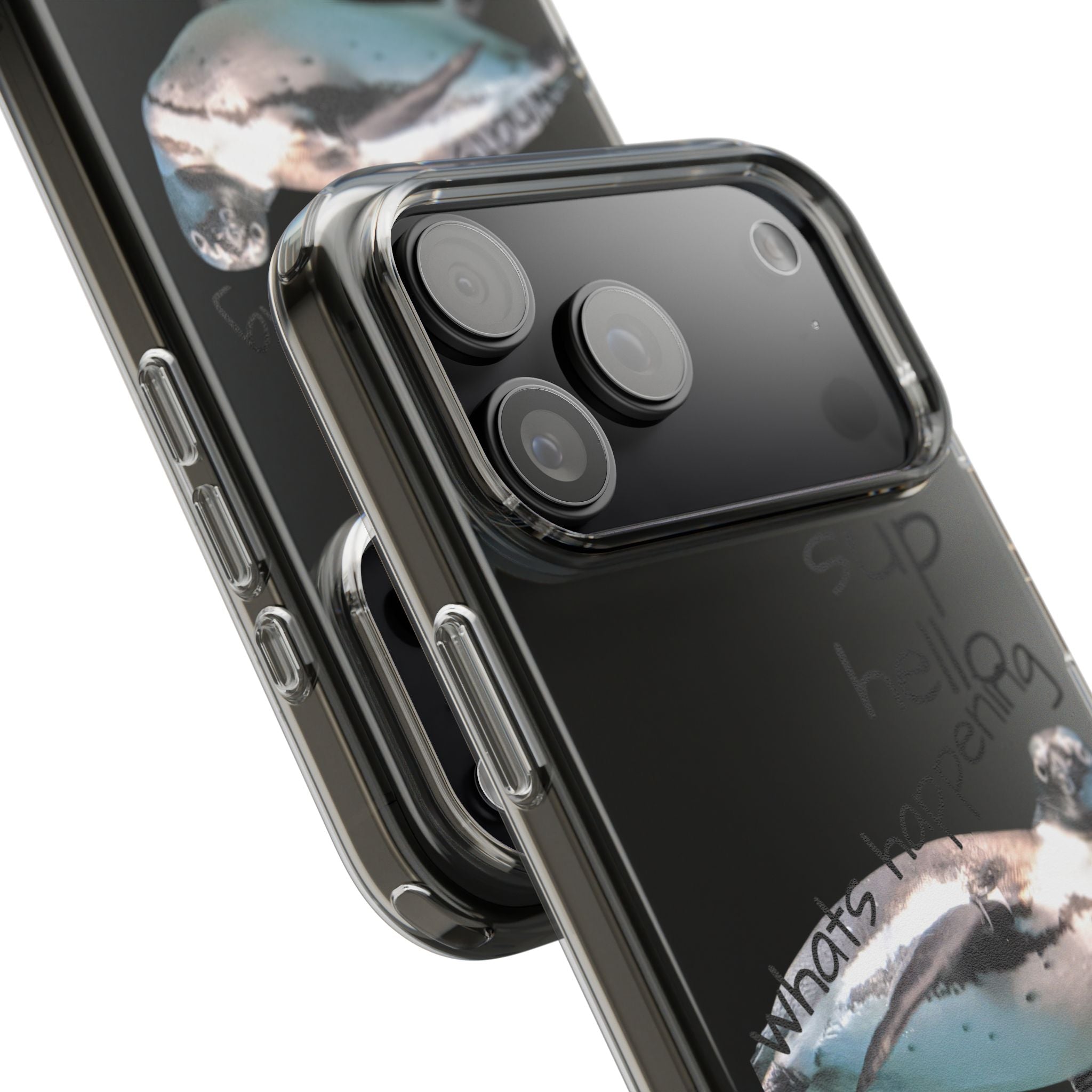 Clear Penguin Phone Case — Cute Floating Penguin with Casual Greetings, Clear Impact‑Resistant iPhone Case