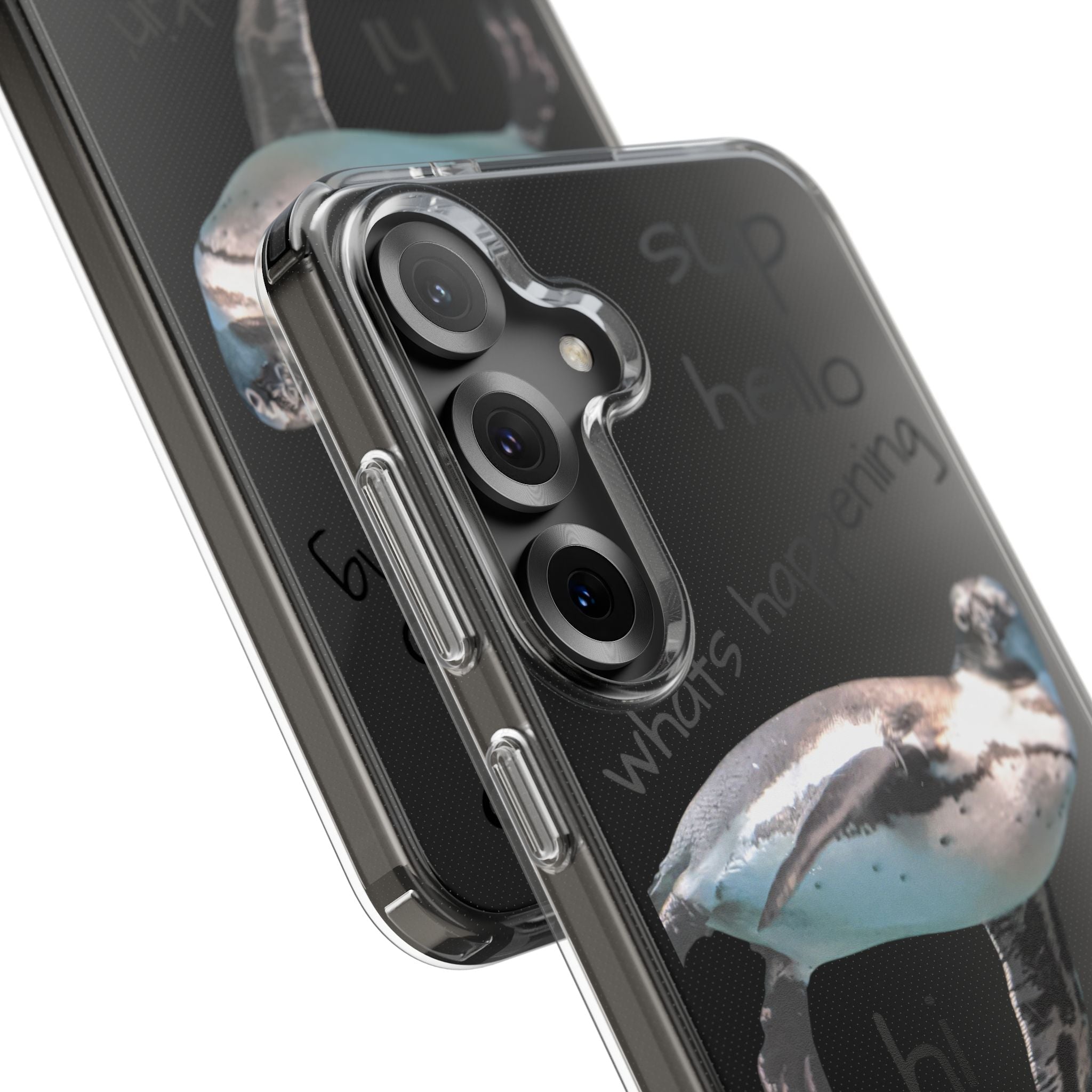 Clear Penguin Phone Case — Cute Floating Penguin with Casual Greetings, Clear Impact‑Resistant iPhone Case