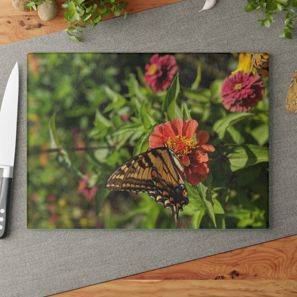 Floral Butterfly Glass Cutting Board — Nature Photography Kitchen Decor, Tempered Glass Chopping Board, Garden Gift