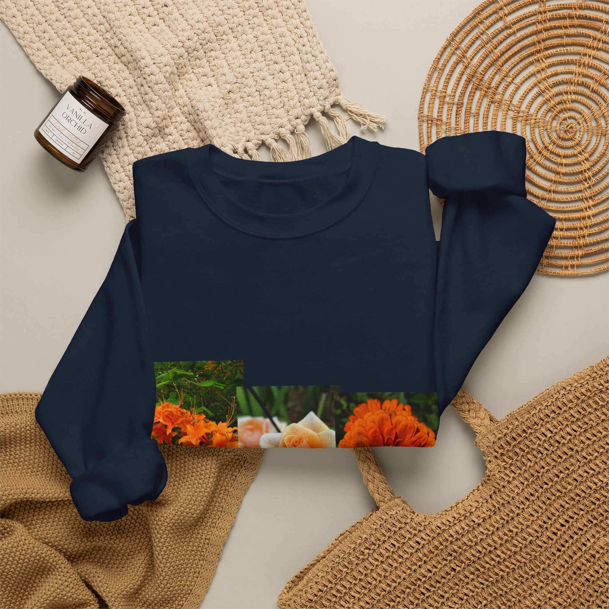 Floral Patchwork Crewneck Sweatshirt — Orange Marigold & Rose Garden Design