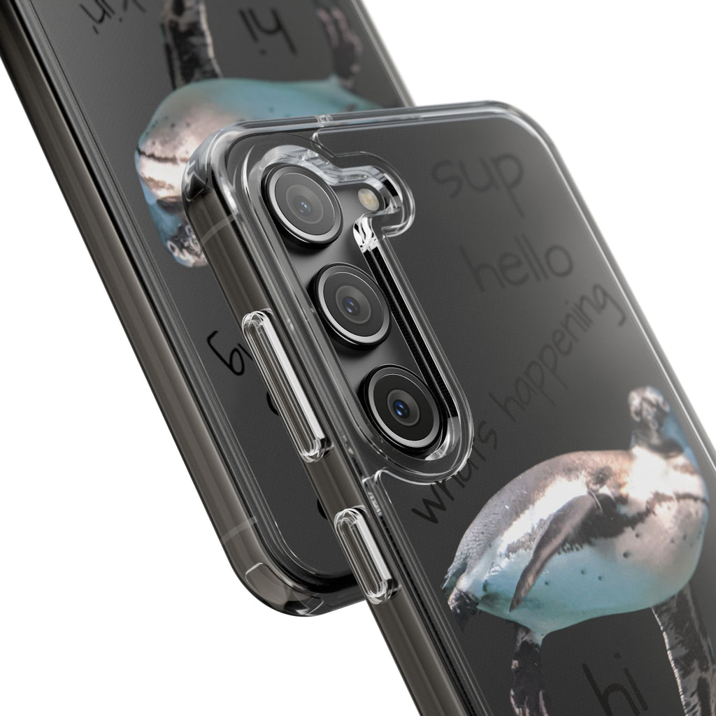 Clear Penguin Phone Case — Cute Floating Penguin with Casual Greetings, Clear Impact‑Resistant iPhone Case