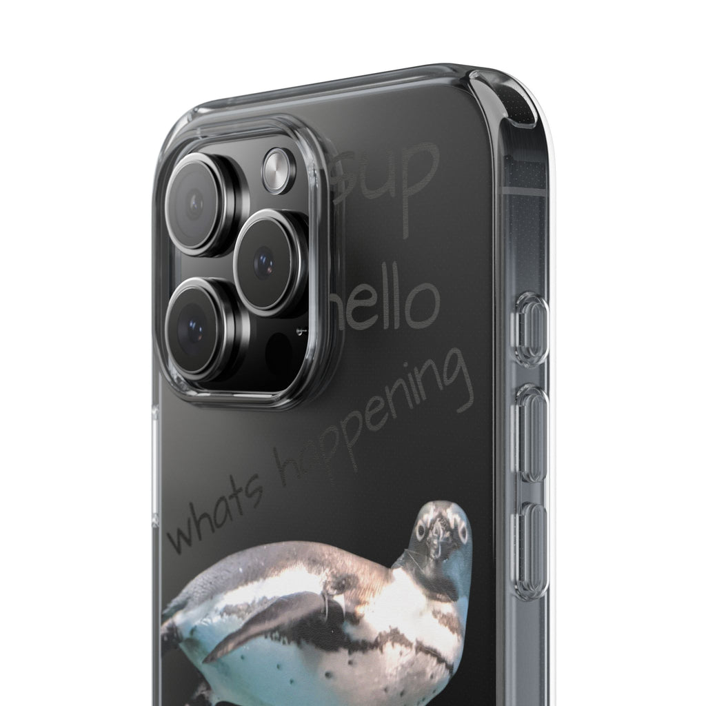 Clear Penguin Phone Case — Cute Floating Penguin with Casual Greetings, Clear Impact‑Resistant iPhone Case