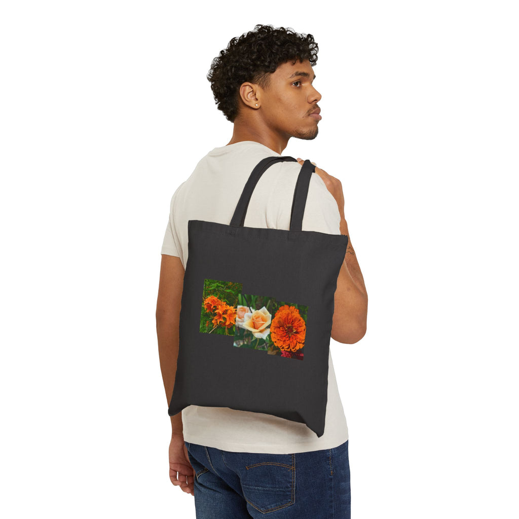 Orange Rose & Marigold Floral Canvas Tote Bag — Botanical Collage Print, Reusable Eco Grocery Bag, Garden Gift