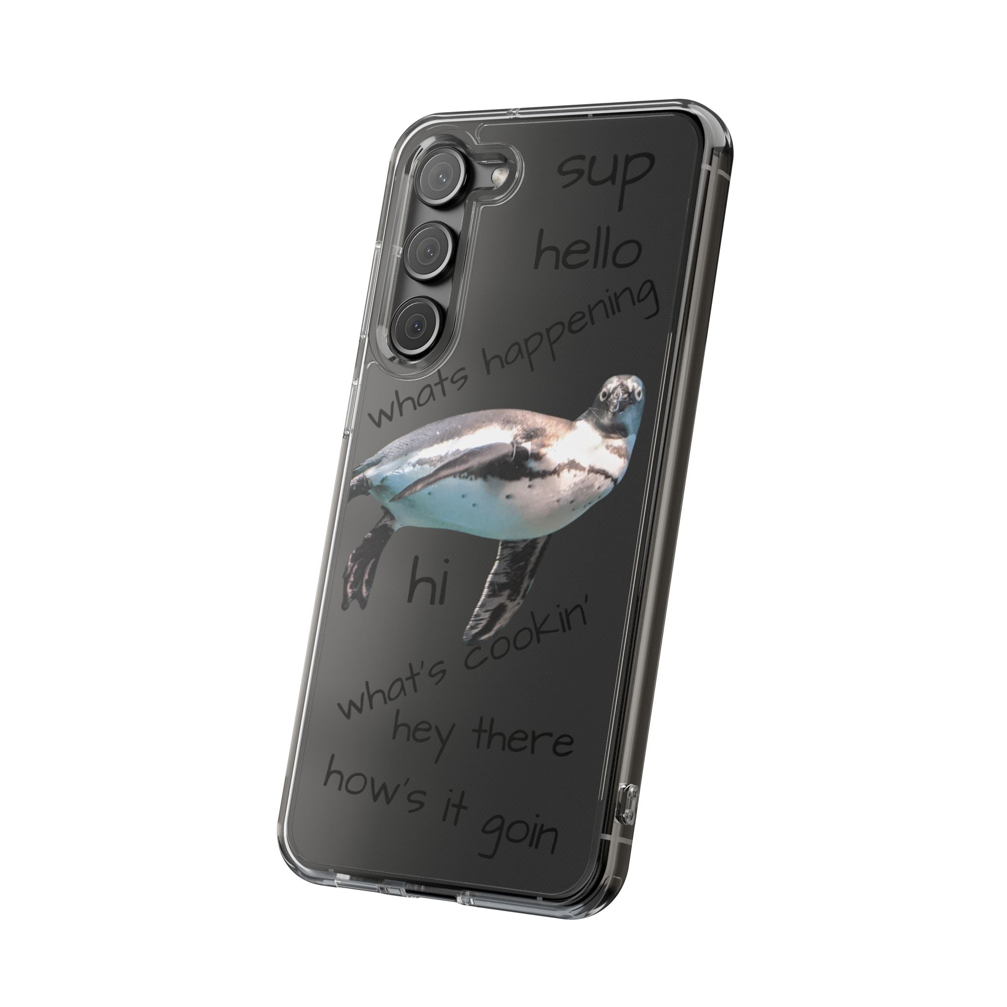 Clear Penguin Phone Case — Cute Floating Penguin with Casual Greetings, Clear Impact‑Resistant iPhone Case