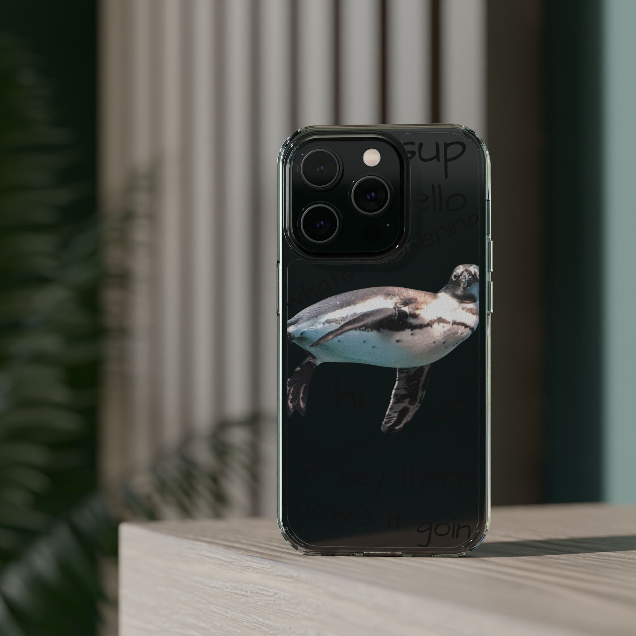 Clear Penguin Phone Case — Cute Floating Penguin with Casual Greetings, Clear Impact‑Resistant iPhone Case