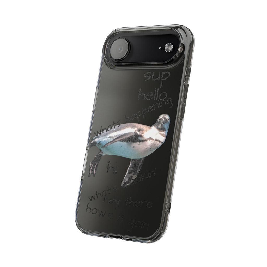 Clear Penguin Phone Case — Cute Floating Penguin with Casual Greetings, Clear Impact‑Resistant iPhone Case