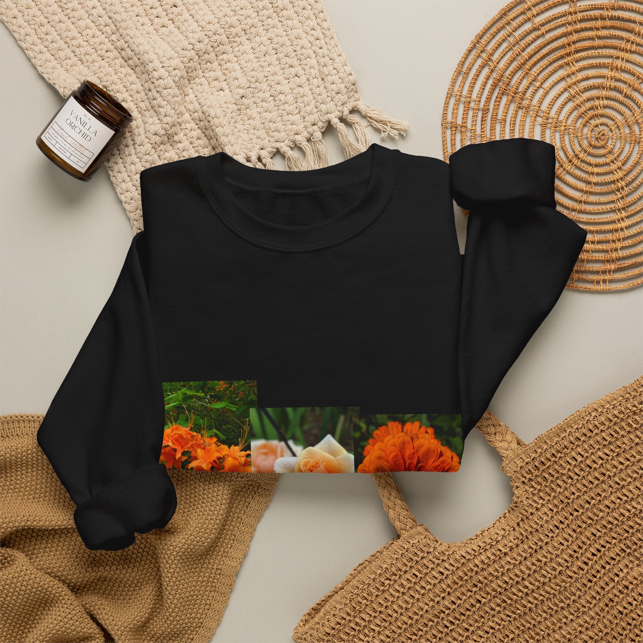 Floral Patchwork Crewneck Sweatshirt — Orange Marigold & Rose Garden Design