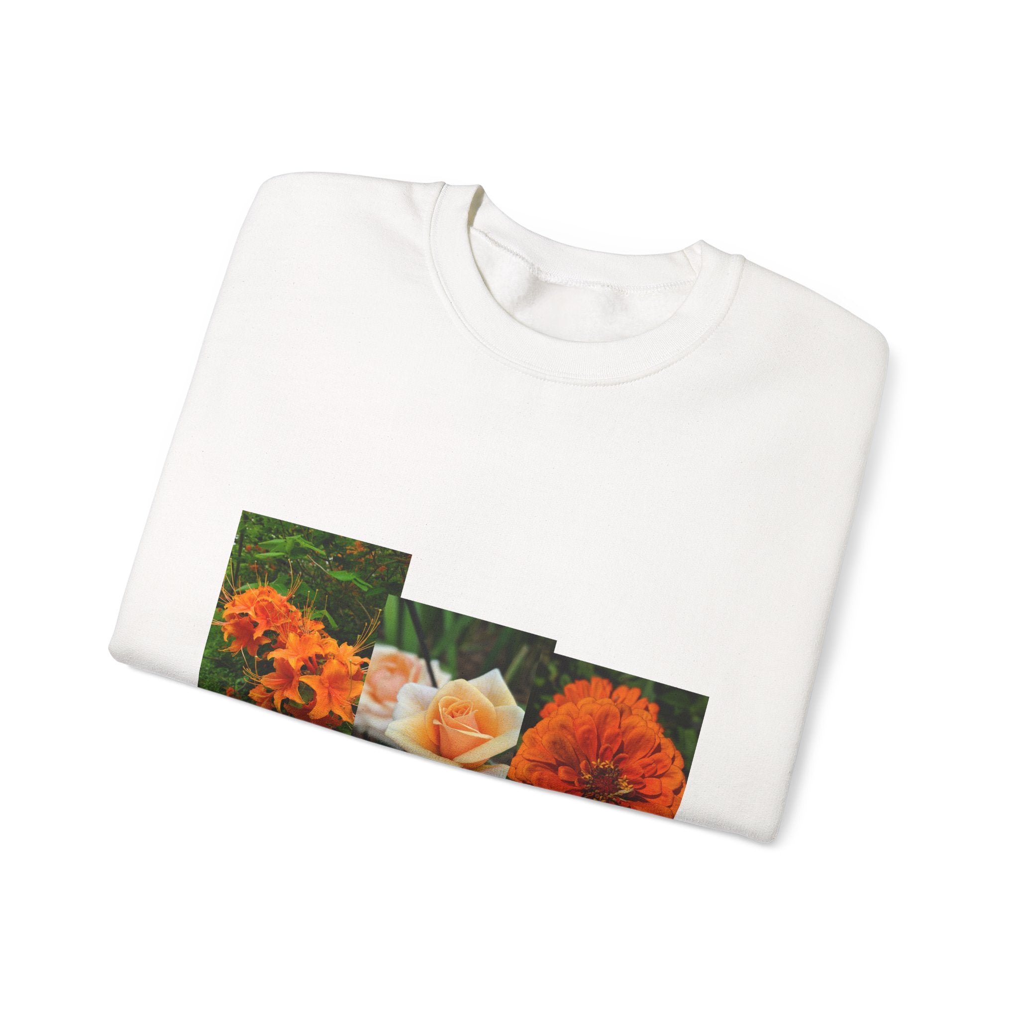 Floral Patchwork Crewneck Sweatshirt — Orange Marigold & Rose Garden Design