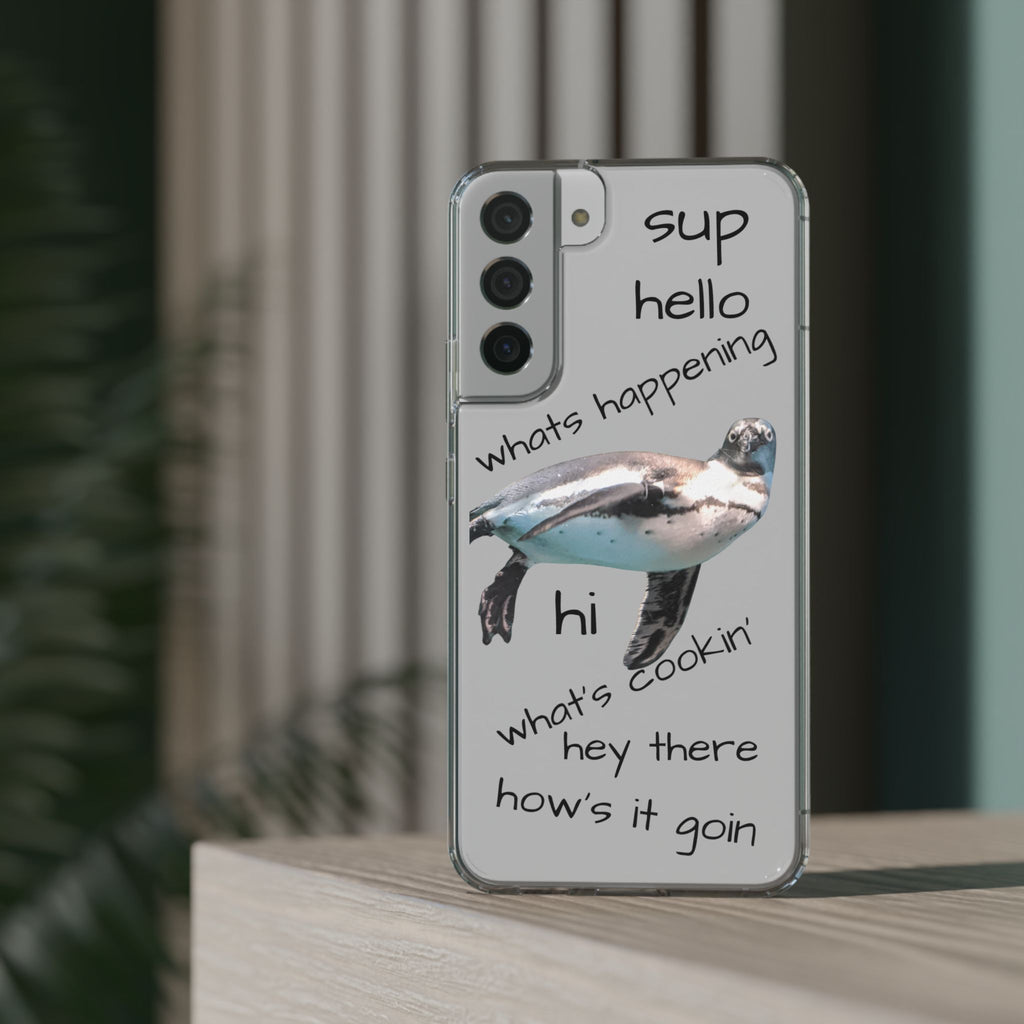 Clear Penguin Phone Case — Cute Floating Penguin with Casual Greetings, Clear Impact‑Resistant iPhone Case