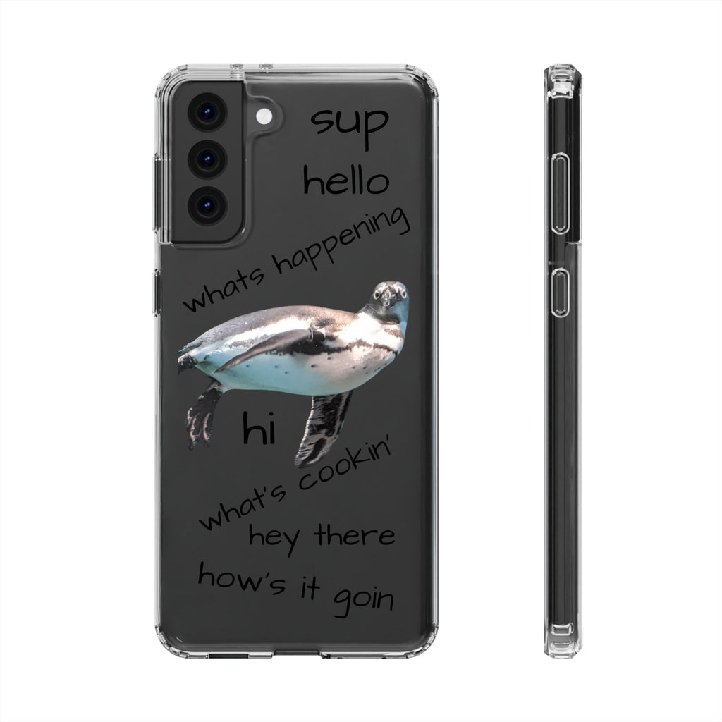 Clear Penguin Phone Case — Cute Floating Penguin with Casual Greetings, Clear Impact‑Resistant iPhone Case