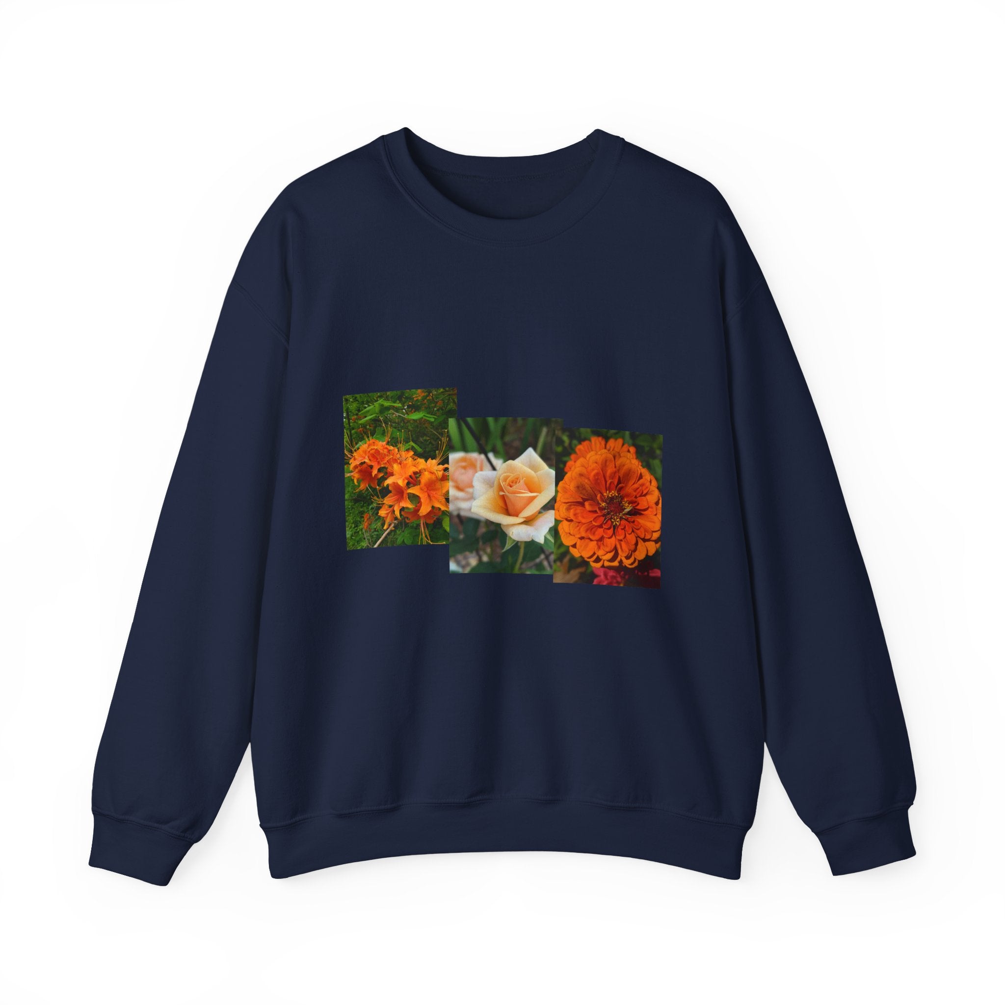 Floral Patchwork Crewneck Sweatshirt — Orange Marigold & Rose Garden Design