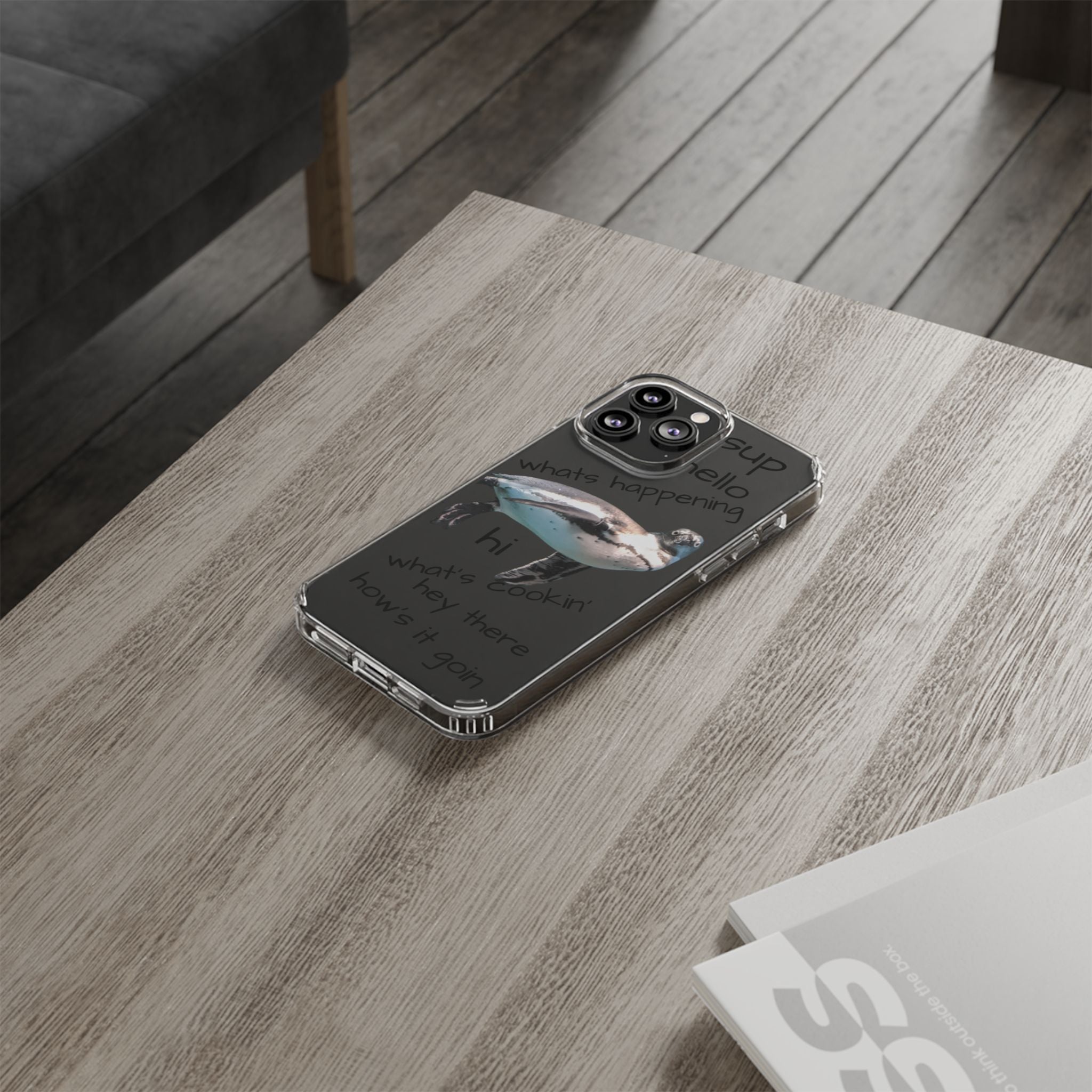 Clear Penguin Phone Case — Cute Floating Penguin with Casual Greetings, Clear Impact‑Resistant iPhone Case