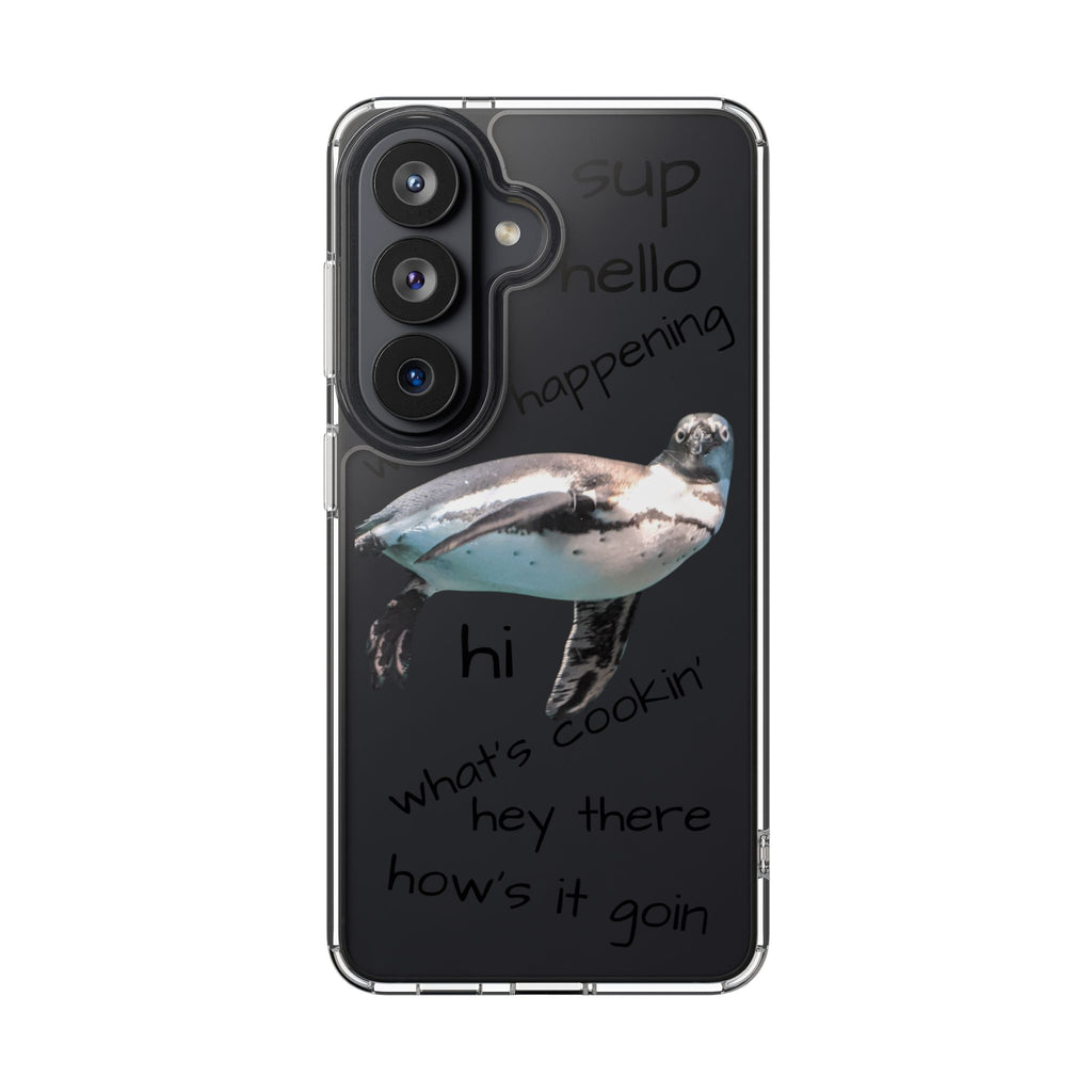 Clear Penguin Phone Case — Cute Floating Penguin with Casual Greetings, Clear Impact‑Resistant iPhone Case