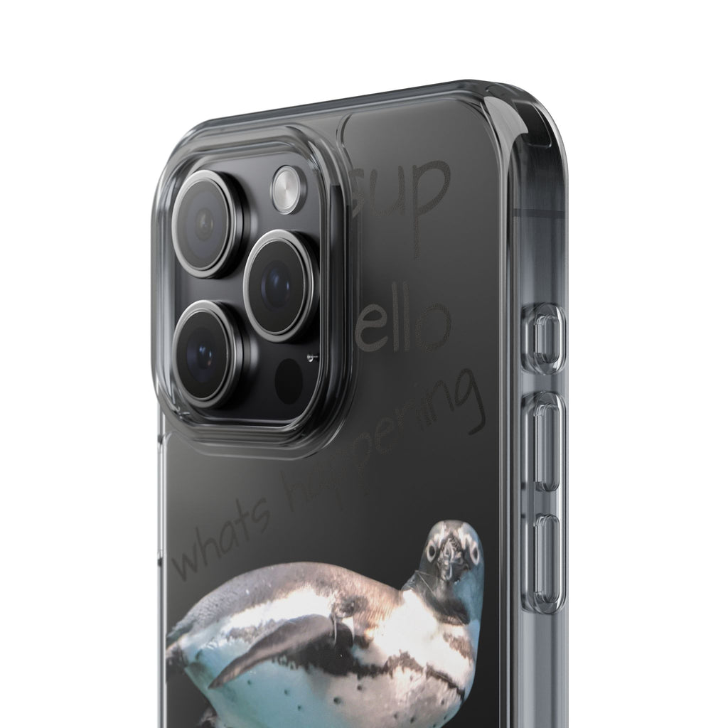Clear Penguin Phone Case — Cute Floating Penguin with Casual Greetings, Clear Impact‑Resistant iPhone Case