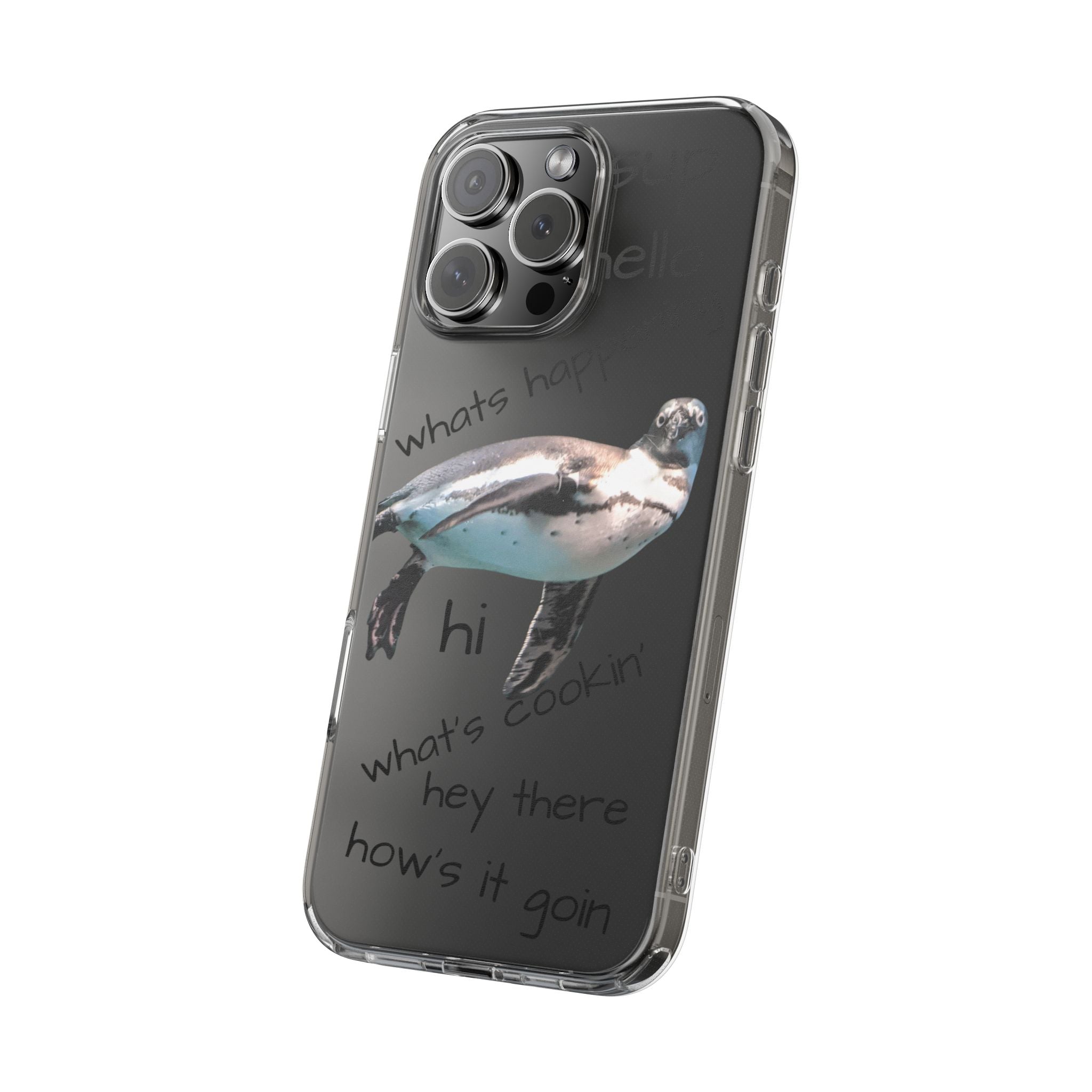 Clear Penguin Phone Case — Cute Floating Penguin with Casual Greetings, Clear Impact‑Resistant iPhone Case