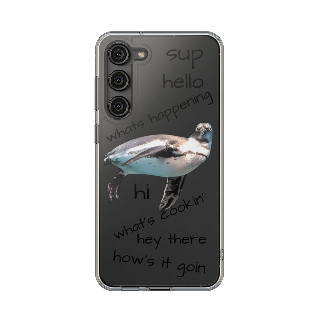 Clear Penguin Phone Case — Cute Floating Penguin with Casual Greetings, Clear Impact‑Resistant iPhone Case