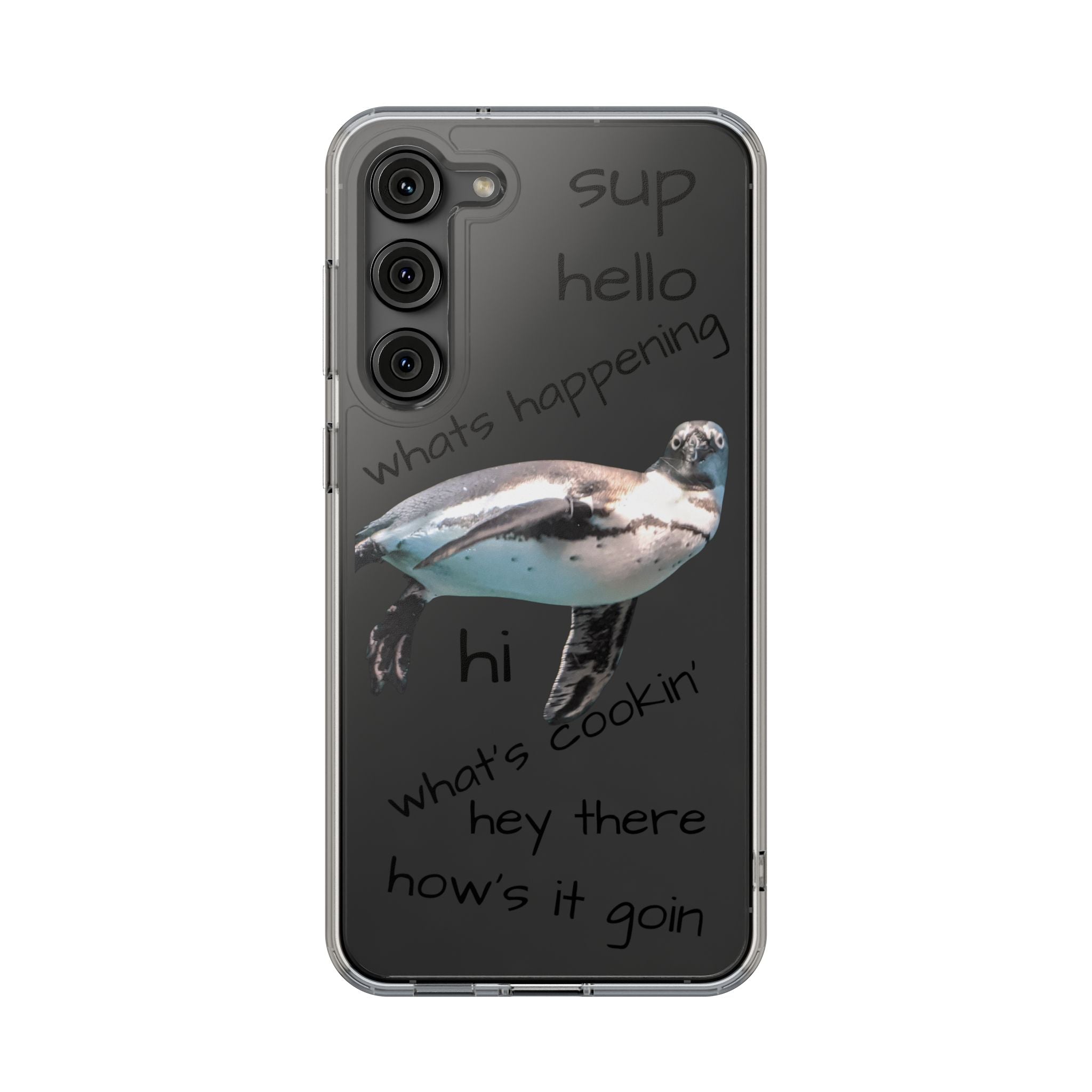 Clear Penguin Phone Case — Cute Floating Penguin with Casual Greetings, Clear Impact‑Resistant iPhone Case