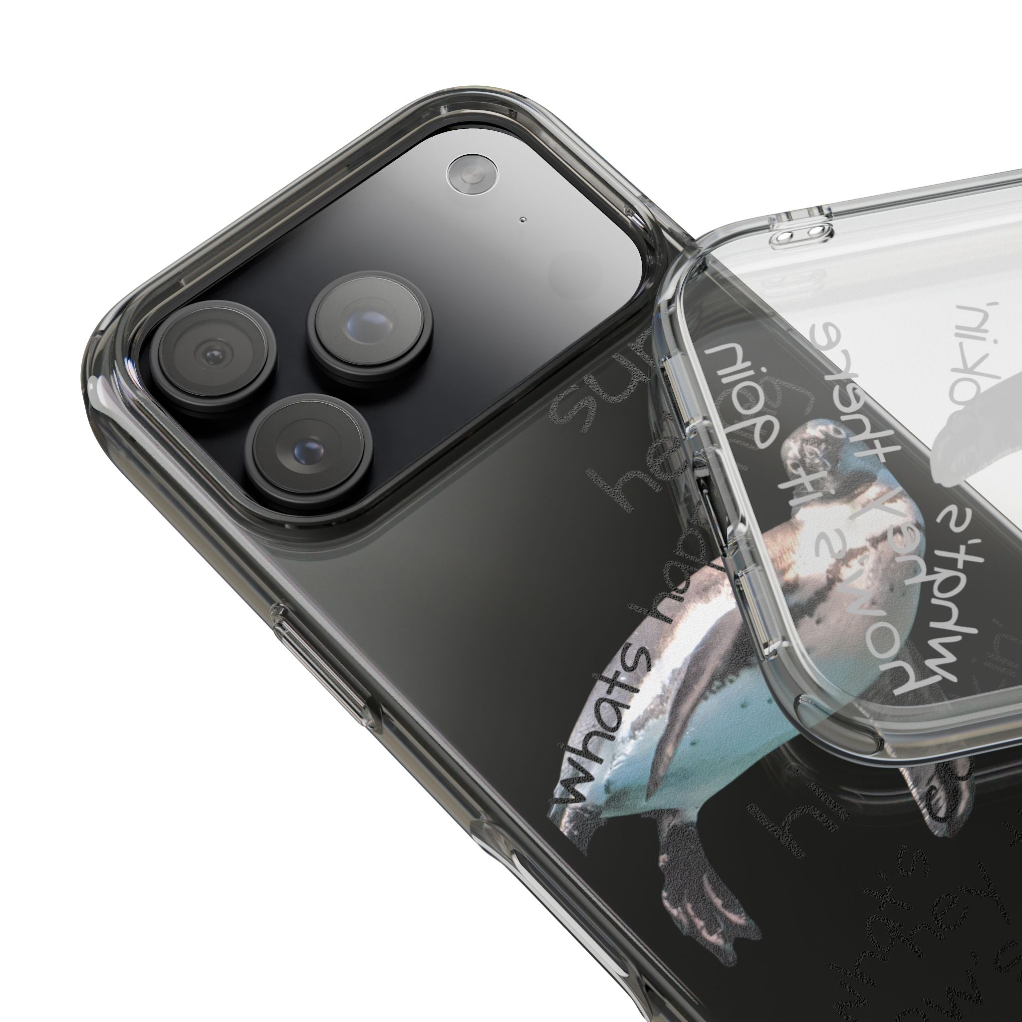 Clear Penguin Phone Case — Cute Floating Penguin with Casual Greetings, Clear Impact‑Resistant iPhone Case