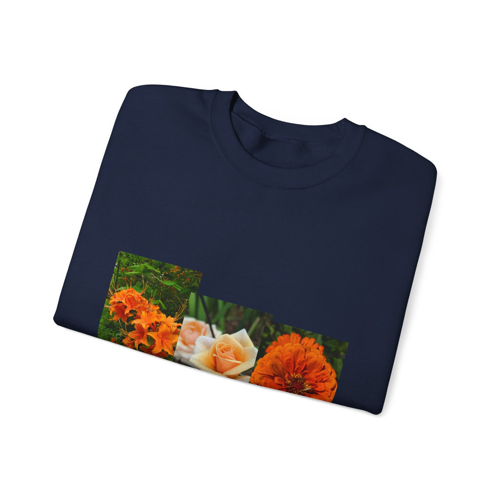 Floral Patchwork Crewneck Sweatshirt — Orange Marigold & Rose Garden Design