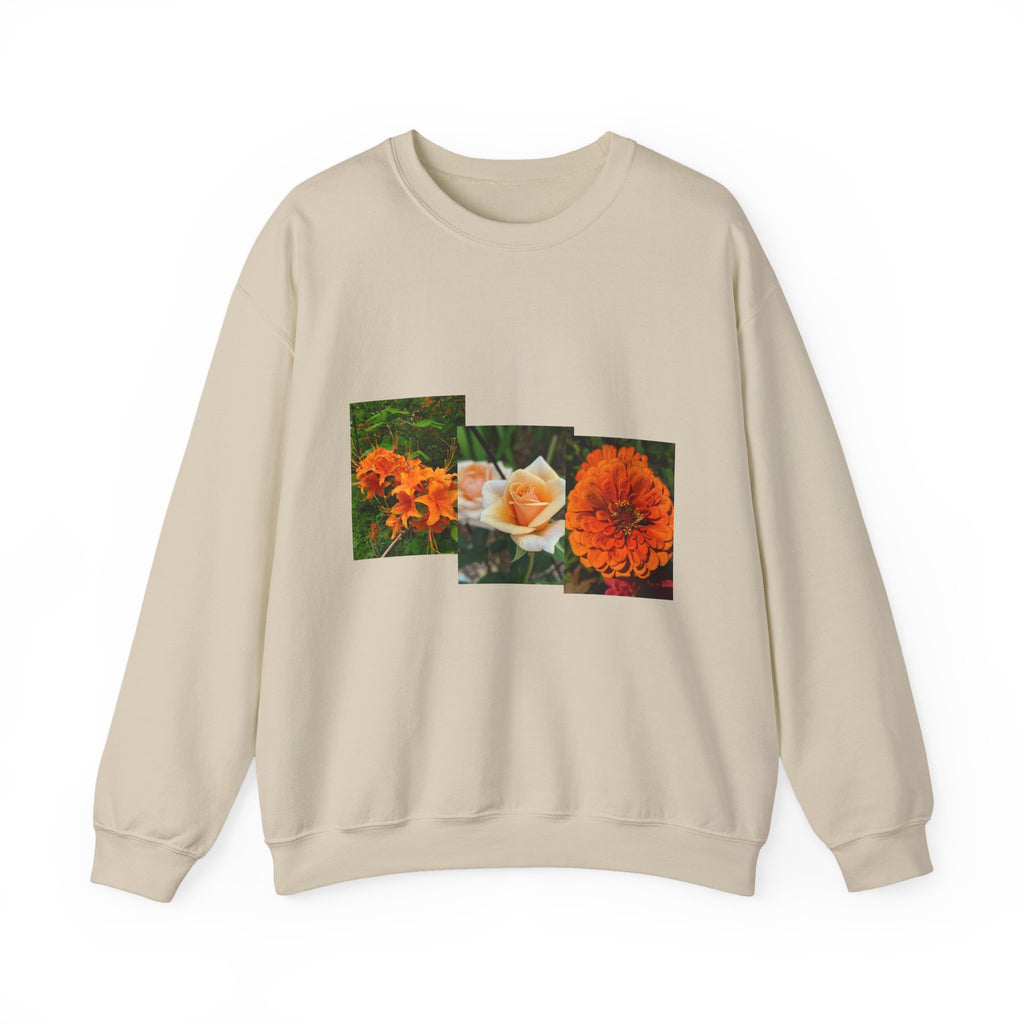 Orange Marigold & Rose Floral Patchwork Crewneck Sweatshirt — Botanical Garden Graphic Pullover, Flower Lover Gift