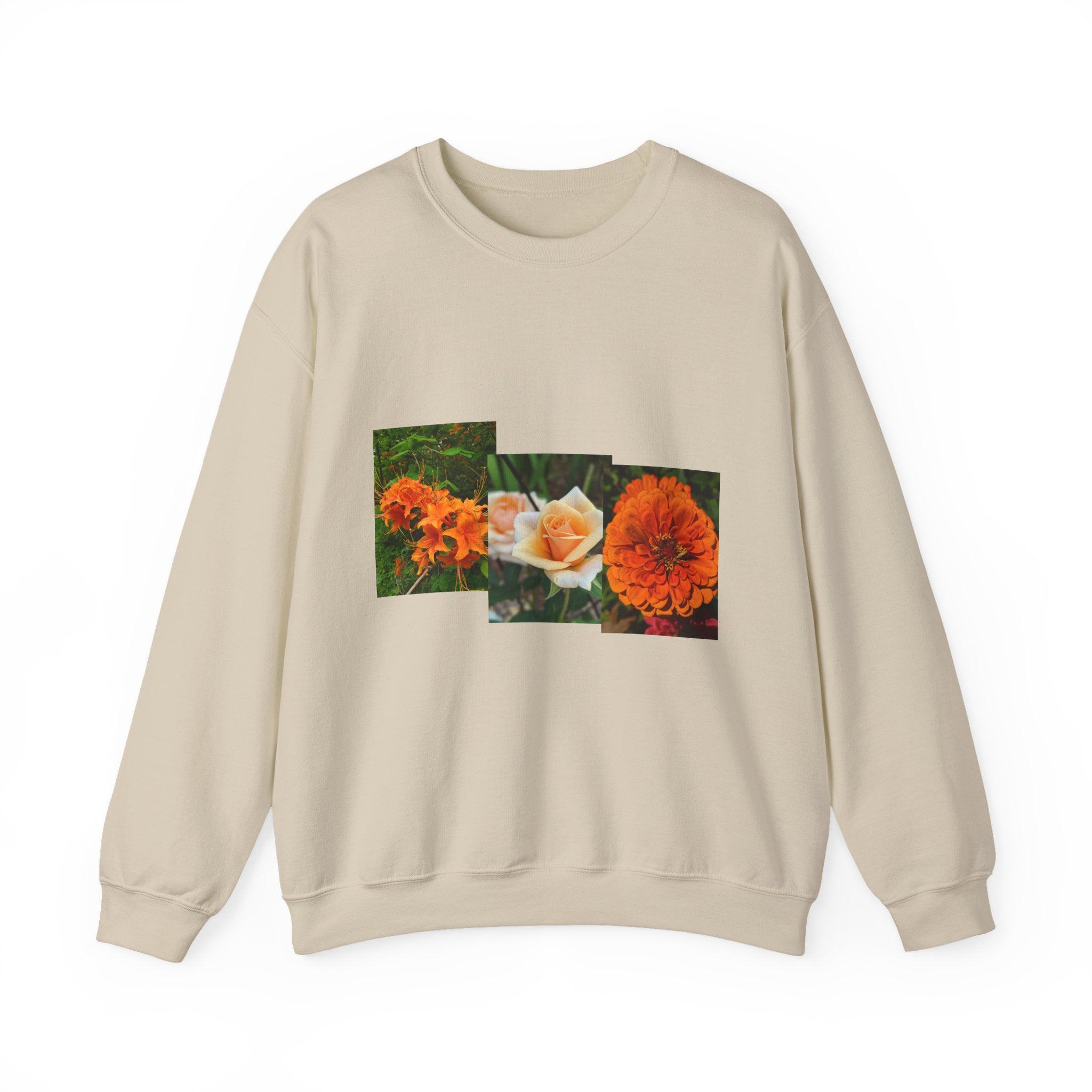 Floral Patchwork Crewneck Sweatshirt — Orange Marigold & Rose Garden Design