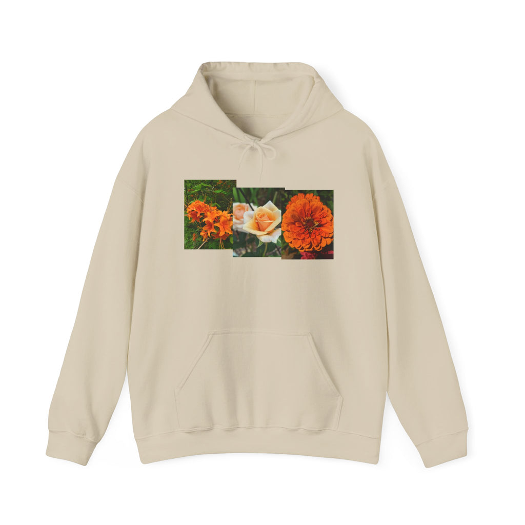 Orange Rose & Marigold Floral Hoodie — Botanical Rectangle Print Graphic Pullover, Garden Sweatshirt, Flower Lover Gift