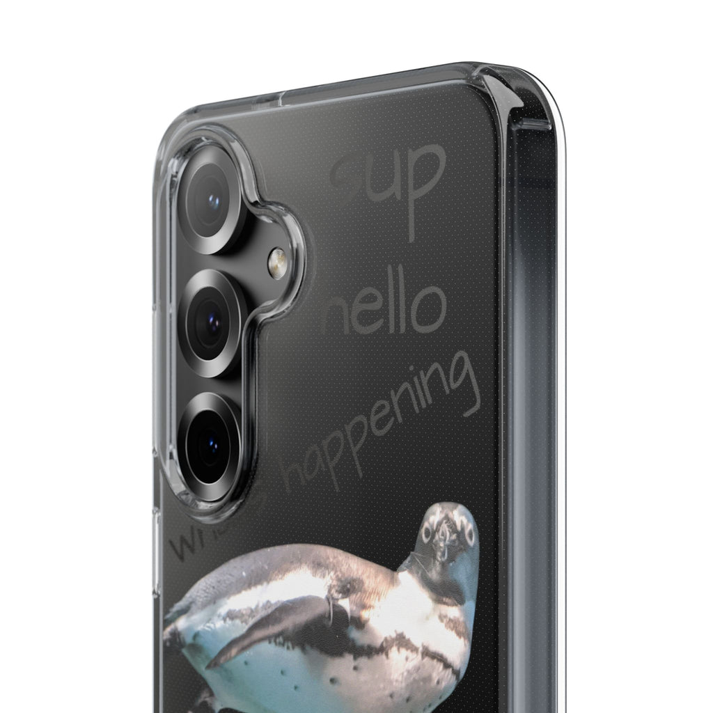 Clear Penguin Phone Case — Cute Floating Penguin with Casual Greetings, Clear Impact‑Resistant iPhone Case
