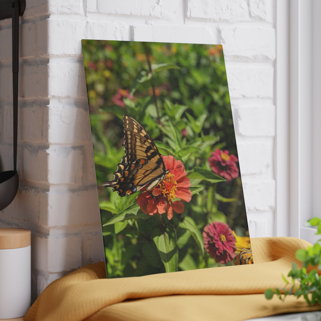 Floral Butterfly Glass Cutting Board — Nature Photography Kitchen Decor, Tempered Glass Chopping Board, Garden Gift