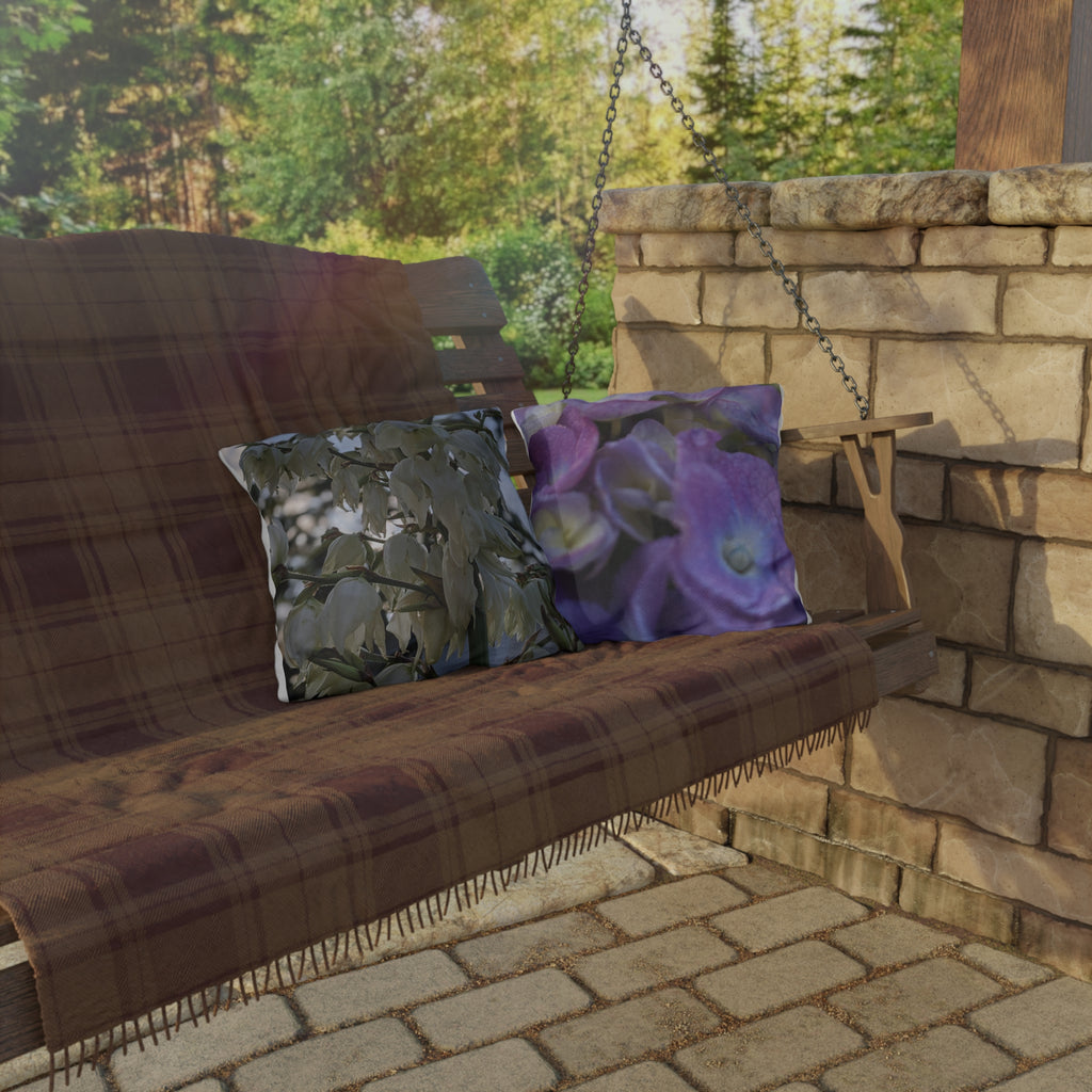 Floral Outdoor Pillow — White Yucca & Purple Hydrangea Decorative Patio Cushion