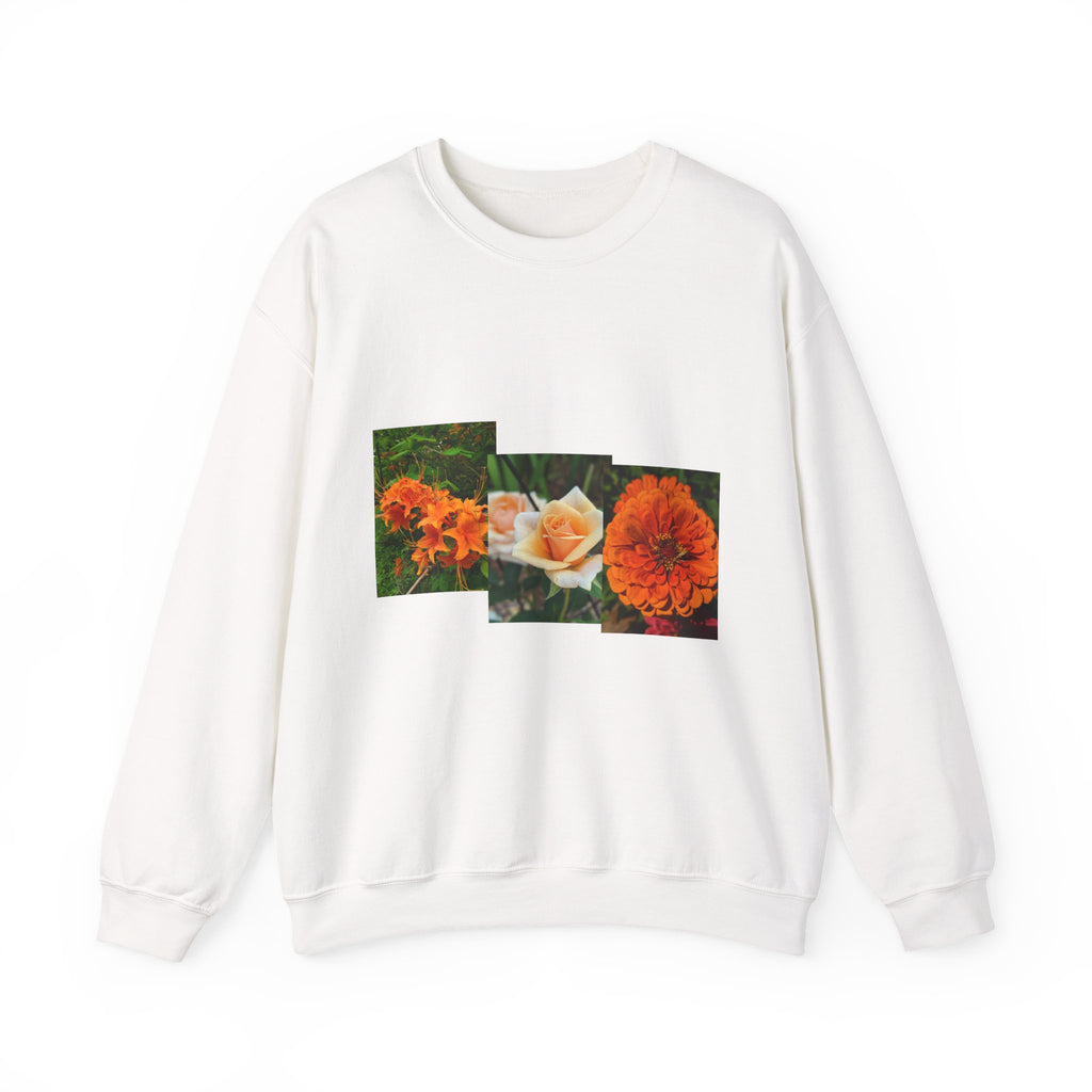 Orange Marigold & Rose Floral Patchwork Crewneck Sweatshirt — Botanical Garden Graphic Pullover, Flower Lover Gift