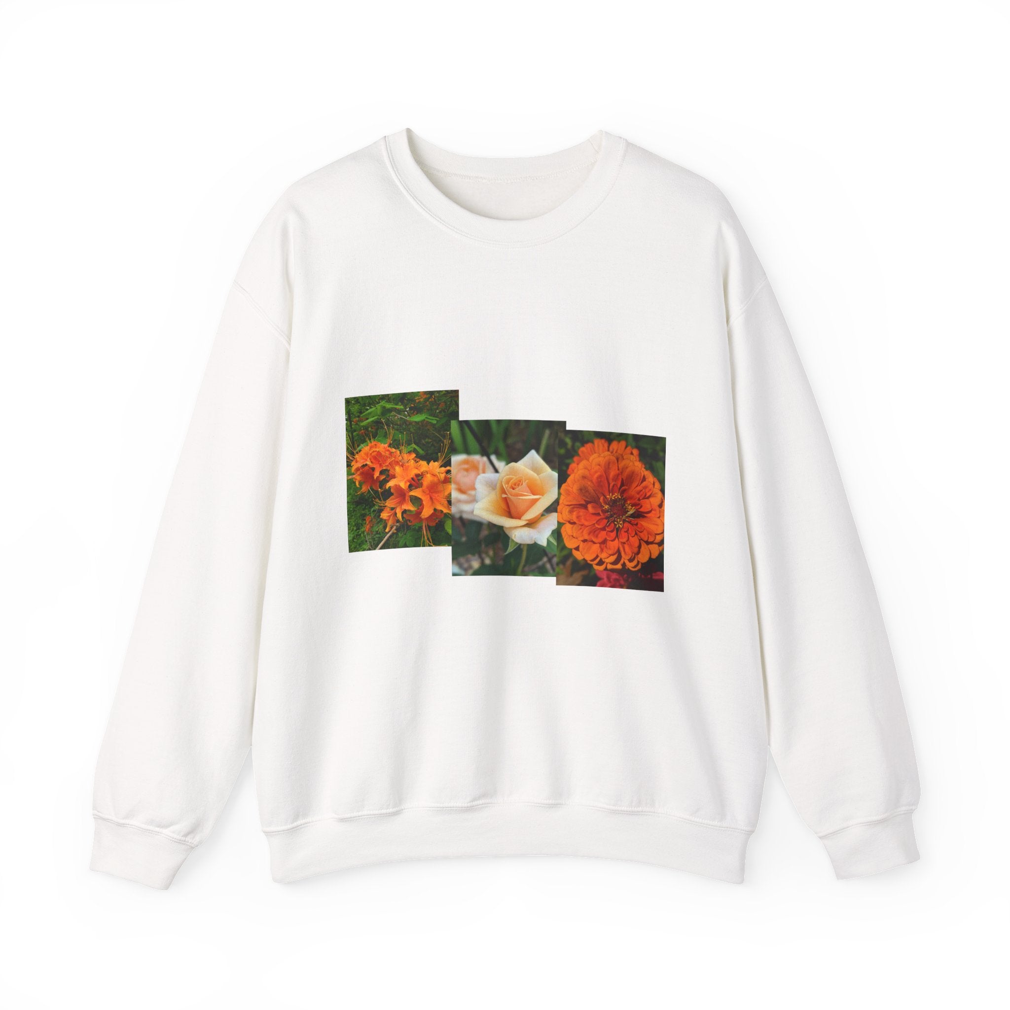 Floral Patchwork Crewneck Sweatshirt — Orange Marigold & Rose Garden Design