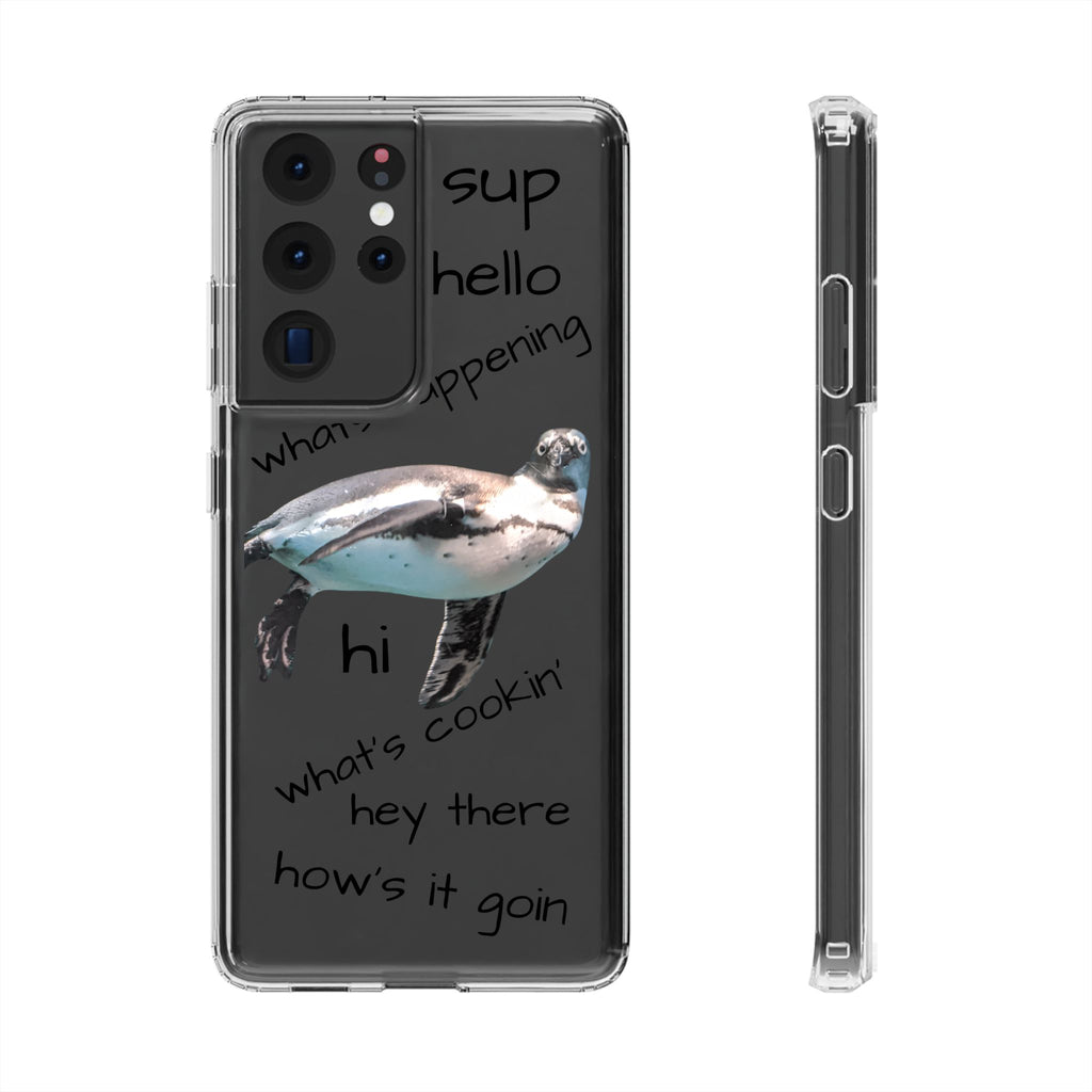 Clear Penguin Phone Case — Cute Floating Penguin with Casual Greetings, Clear Impact‑Resistant iPhone Case