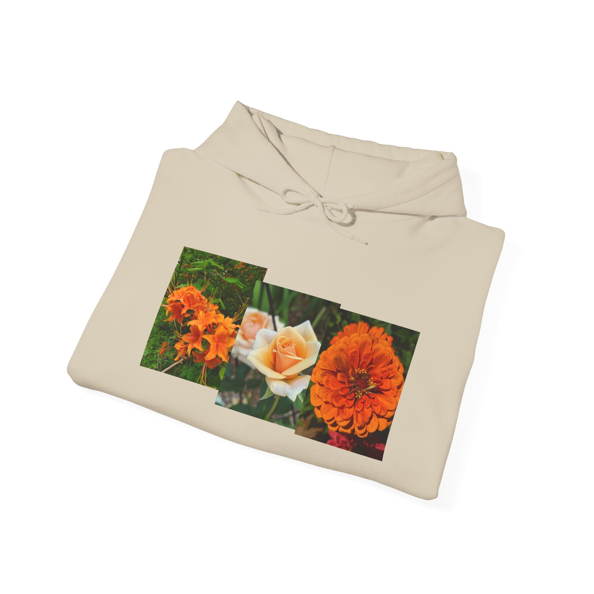 Floral Rectangle Print Hoodie — Orange Rose & Marigold Graphic Sweatshirt