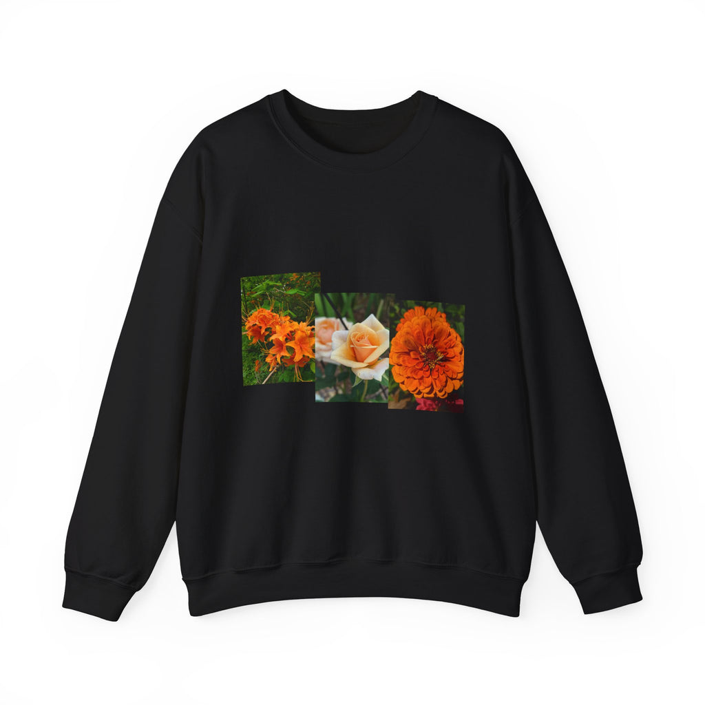 Orange Marigold & Rose Floral Patchwork Crewneck Sweatshirt — Botanical Garden Graphic Pullover, Flower Lover Gift