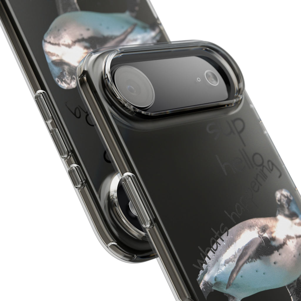 Clear Penguin Phone Case — Cute Floating Penguin with Casual Greetings, Clear Impact‑Resistant iPhone Case