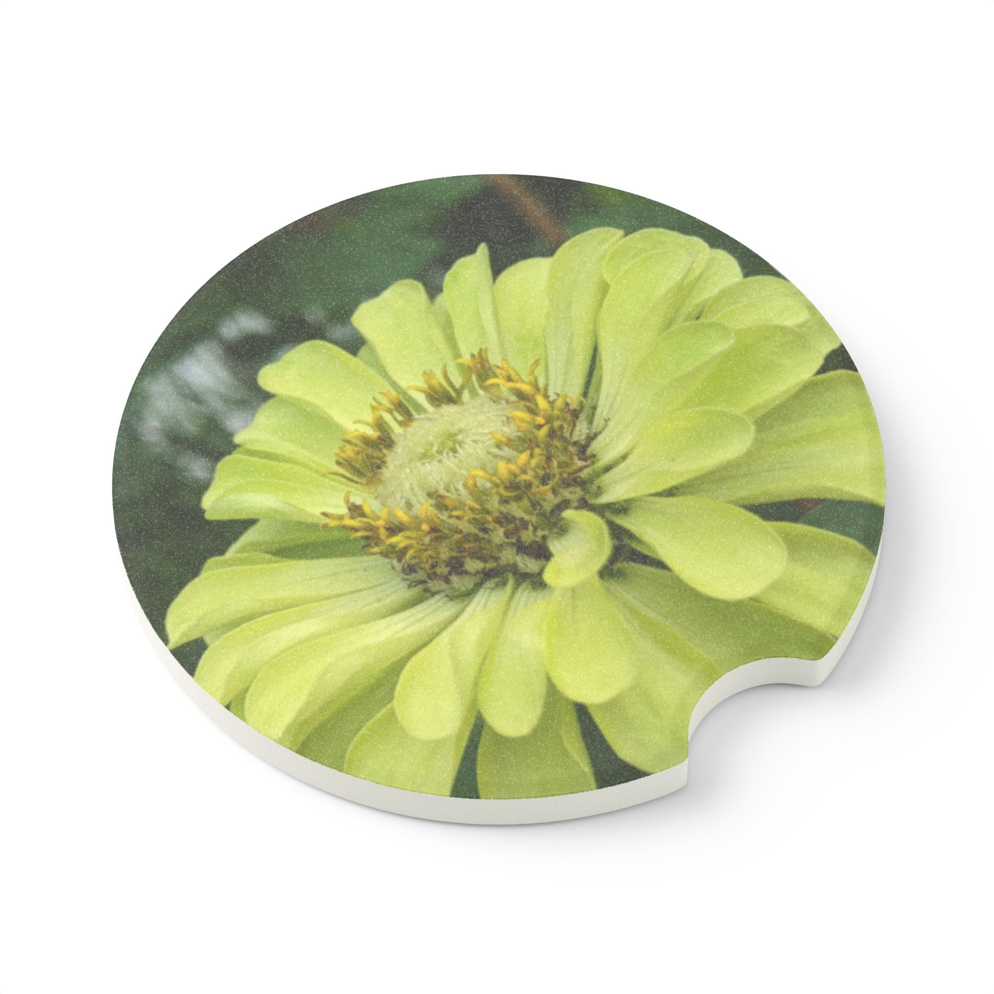 Yellow Zinnia Soapstone Car Coaster — Floral Drink Holder for Cupholders