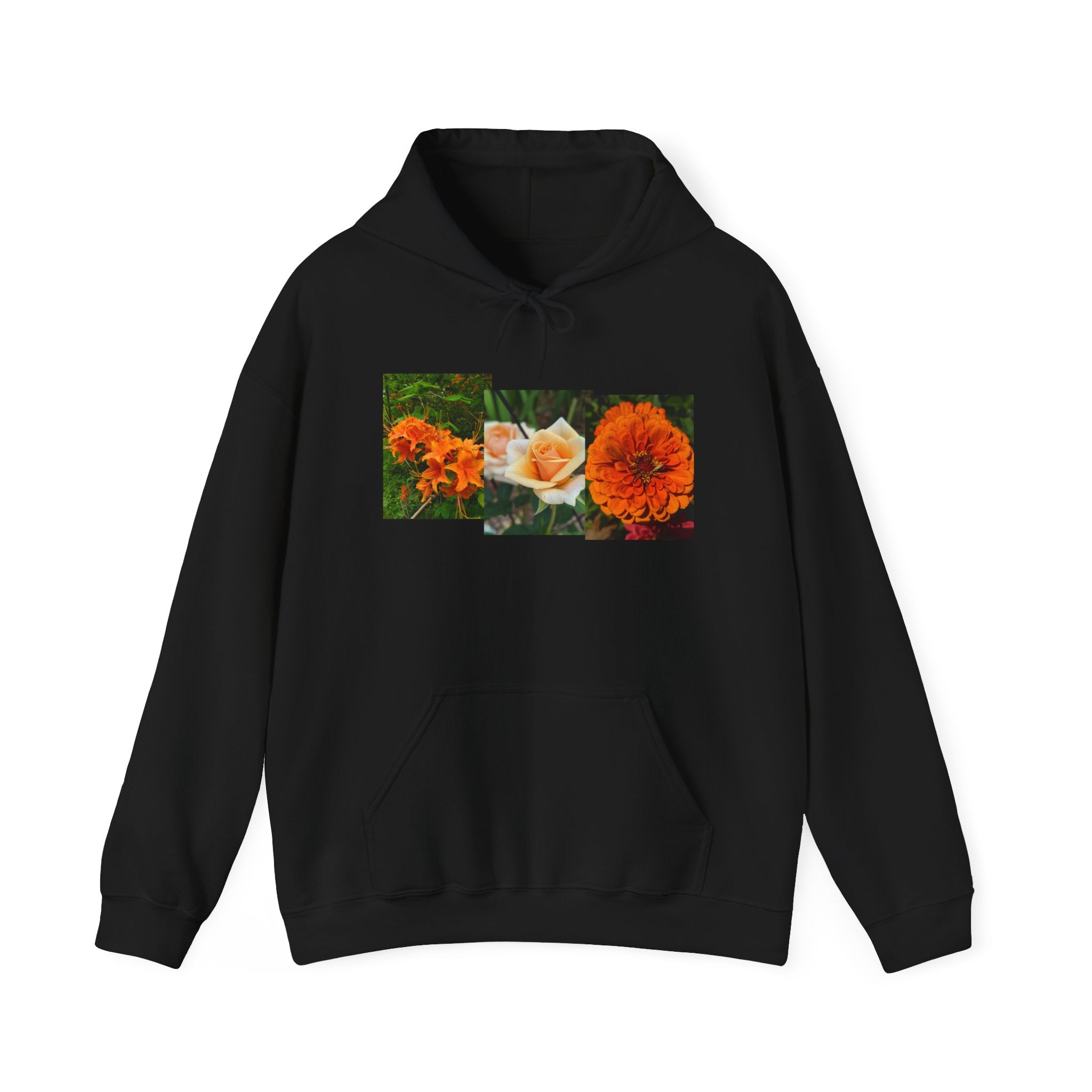 Floral Rectangle Print Hoodie — Orange Rose & Marigold Graphic Sweatshirt