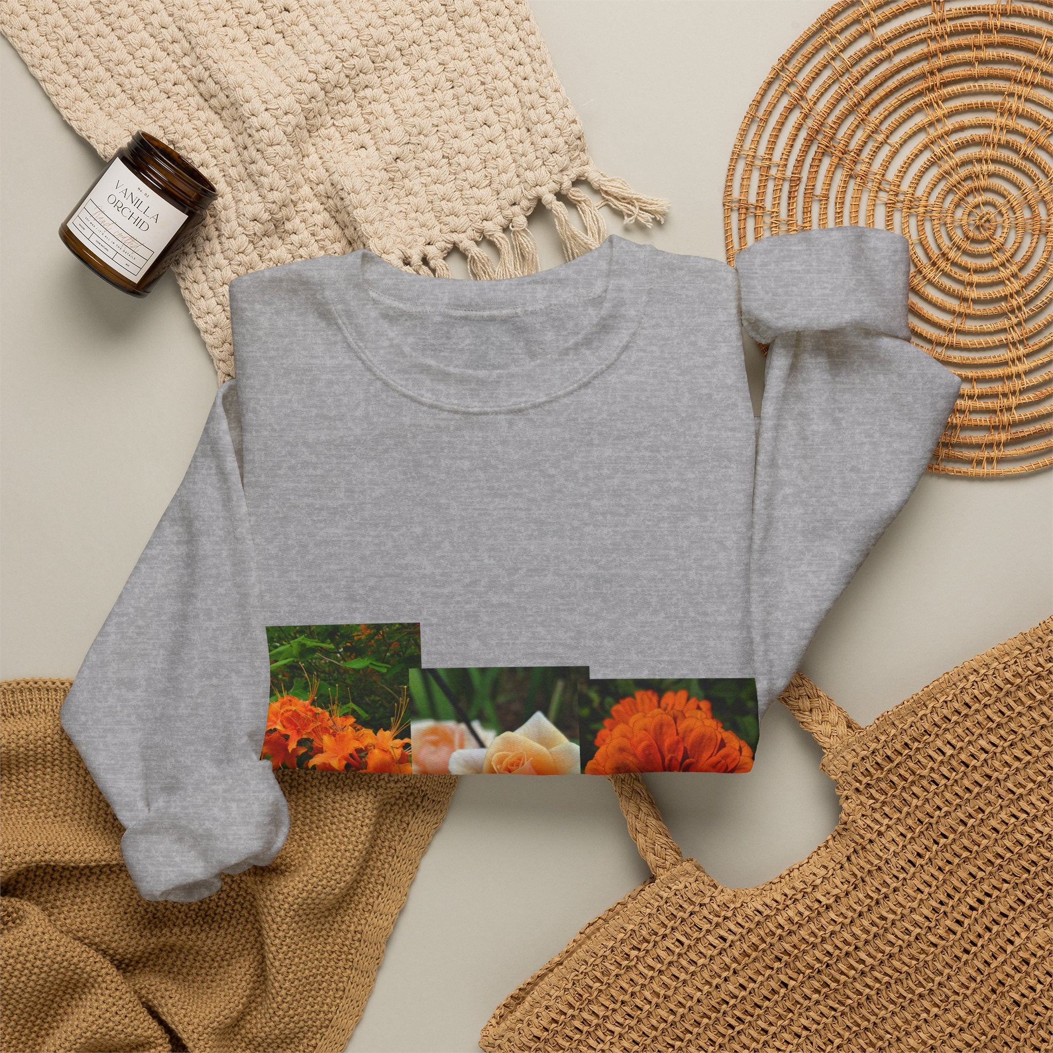 Floral Patchwork Crewneck Sweatshirt — Orange Marigold & Rose Garden Design