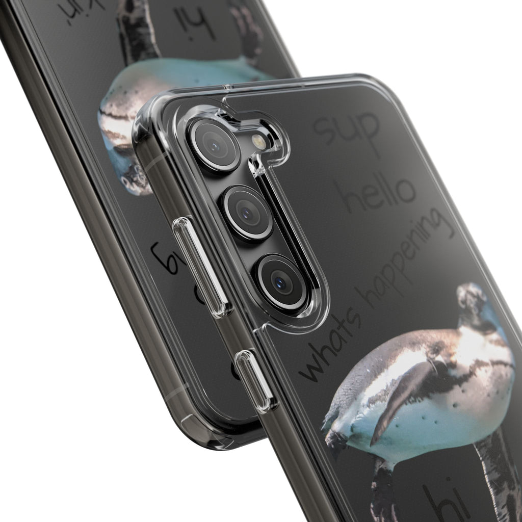 Clear Penguin Phone Case — Cute Floating Penguin with Casual Greetings, Clear Impact‑Resistant iPhone Case