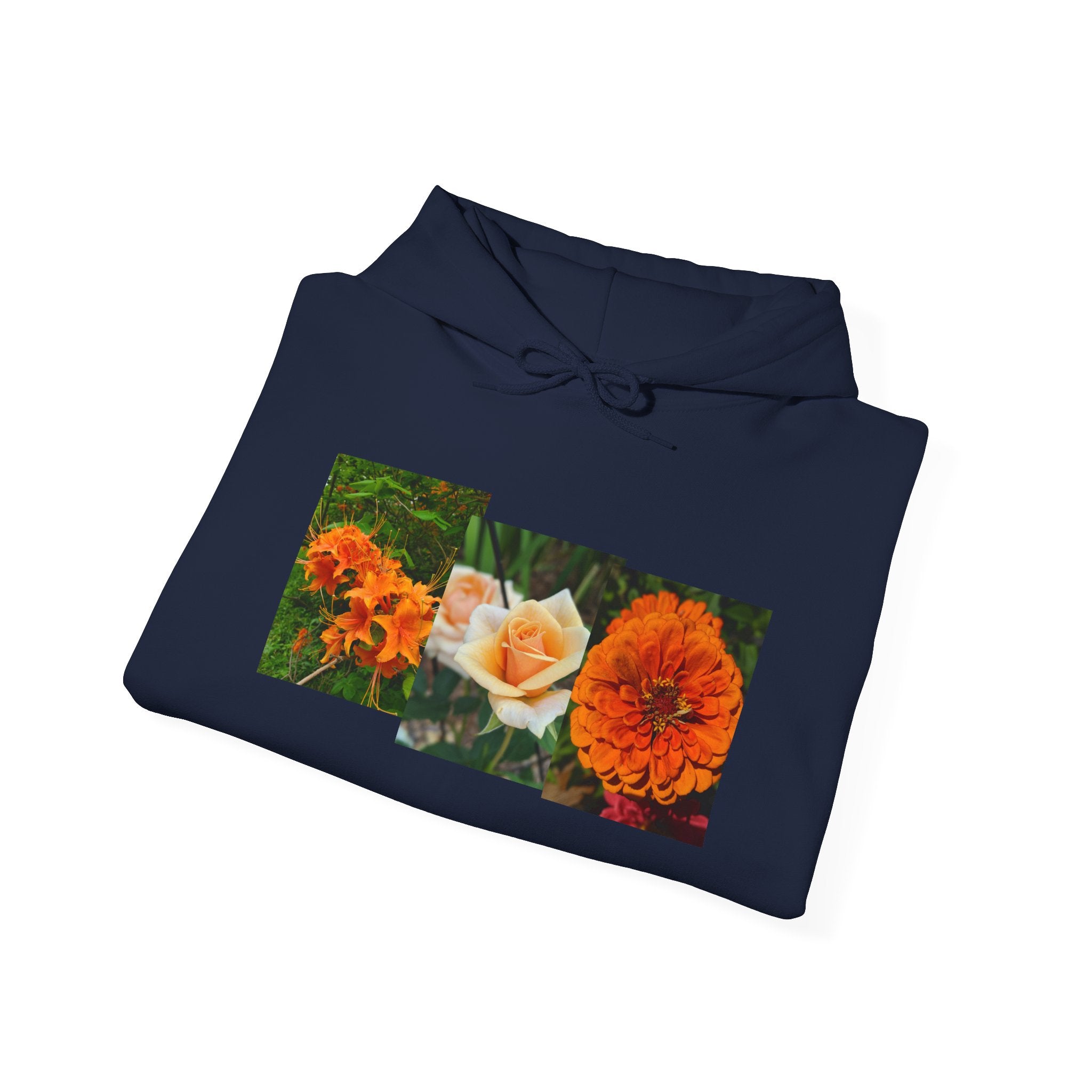 Floral Rectangle Print Hoodie — Orange Rose & Marigold Graphic Sweatshirt