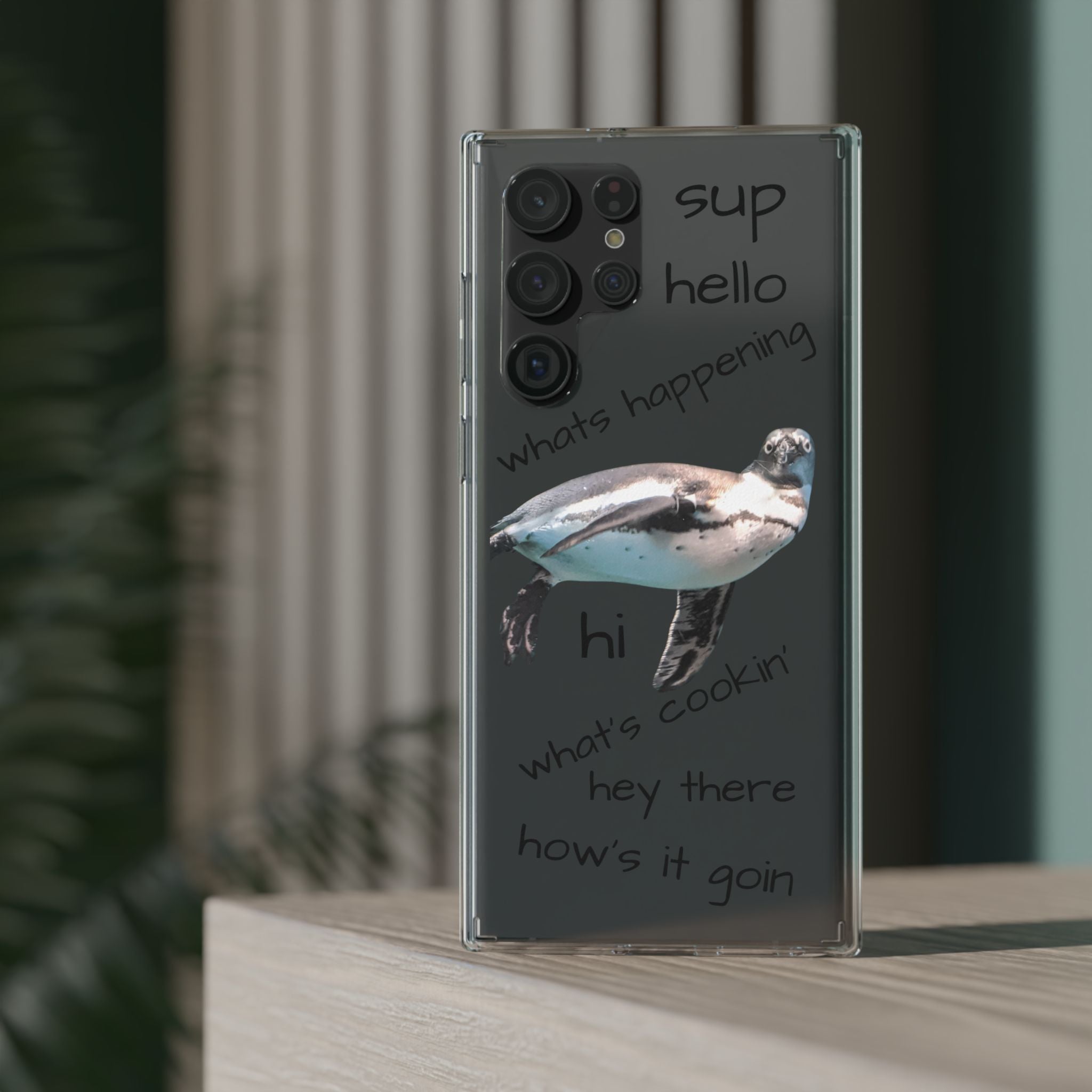 Clear Penguin Phone Case — Cute Floating Penguin with Casual Greetings, Clear Impact‑Resistant iPhone Case