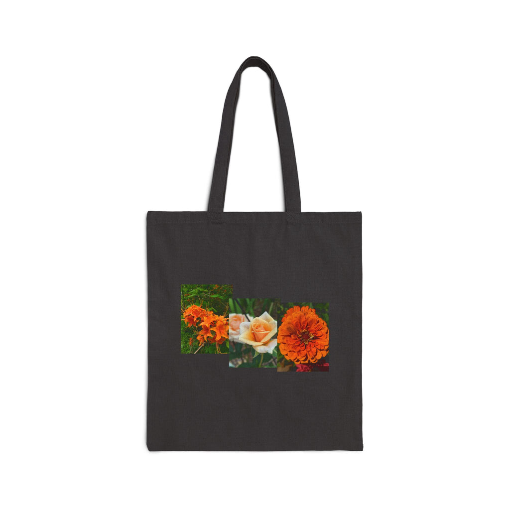 Orange Rose & Marigold Floral Canvas Tote Bag — Botanical Collage Print, Reusable Eco Grocery Bag, Garden Gift
