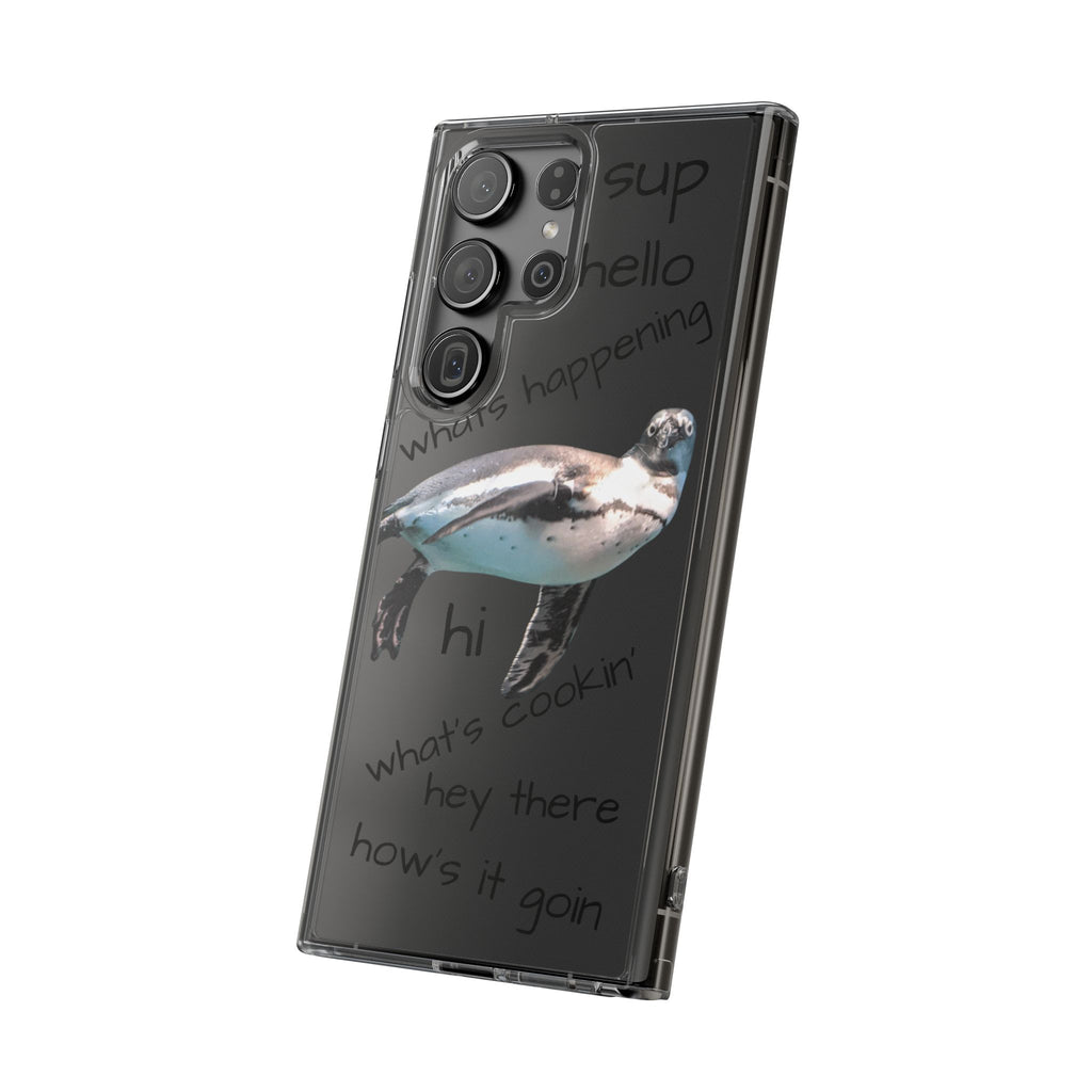 Clear Penguin Phone Case — Cute Floating Penguin with Casual Greetings, Clear Impact‑Resistant iPhone Case