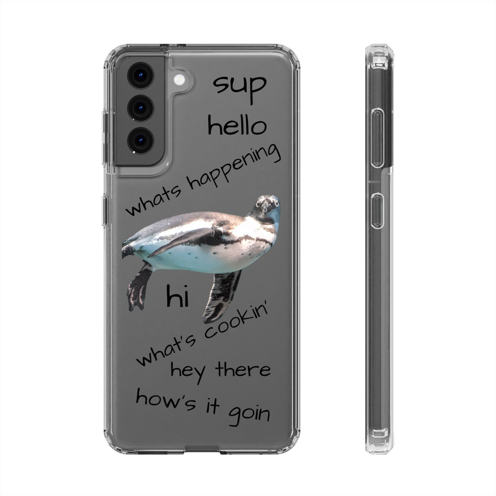 Clear Penguin Phone Case — Cute Floating Penguin with Casual Greetings, Clear Impact‑Resistant iPhone Case