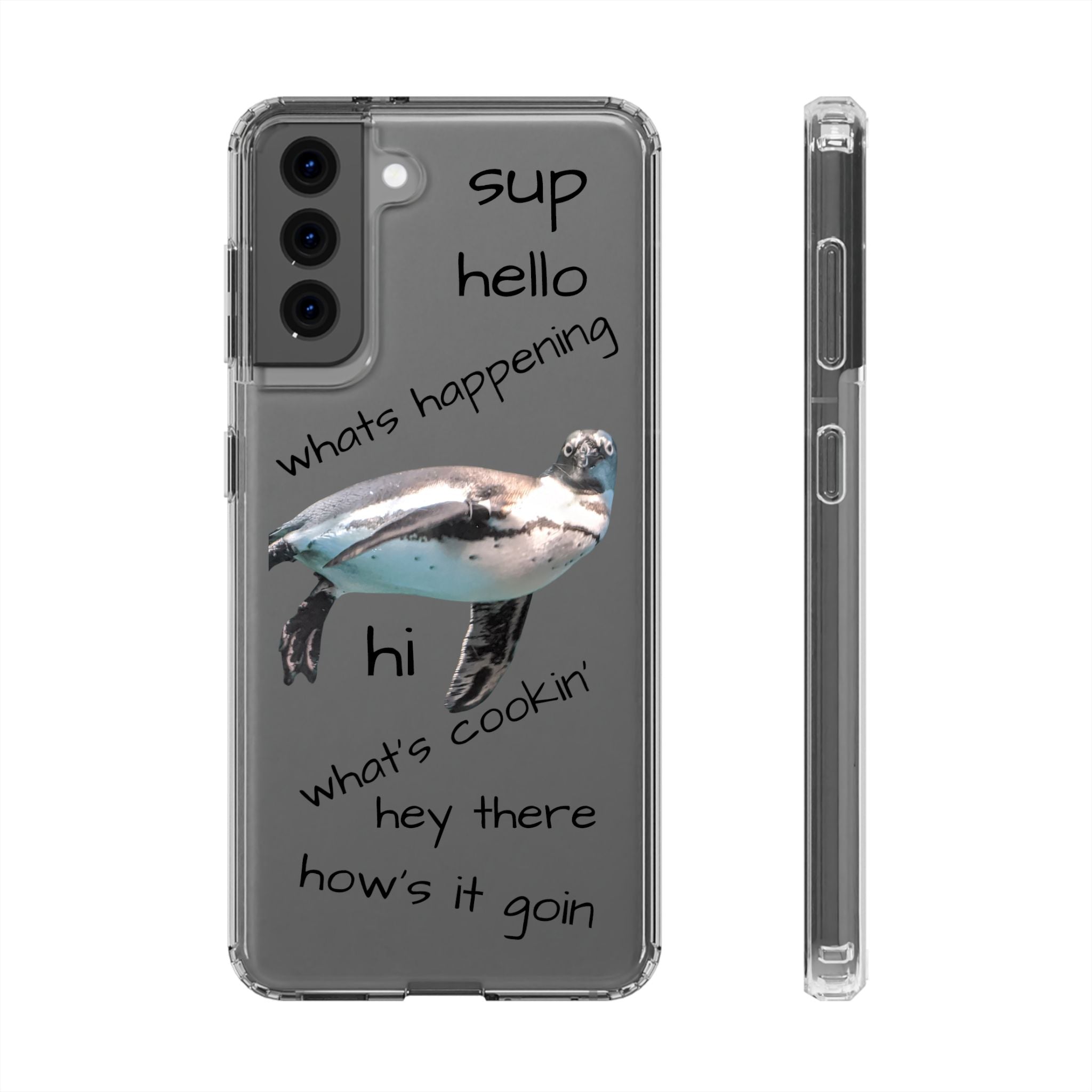 Clear Penguin Phone Case — Cute Floating Penguin with Casual Greetings, Clear Impact‑Resistant iPhone Case