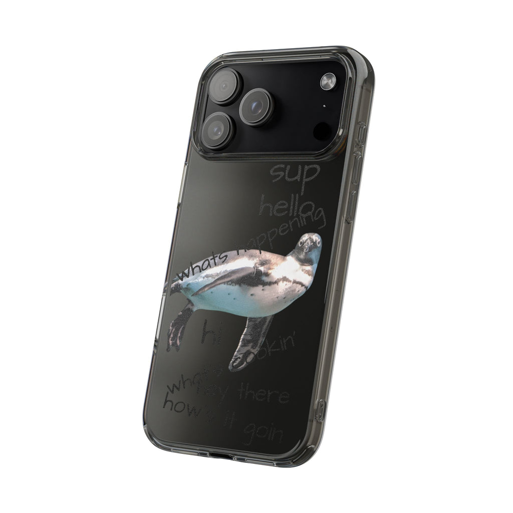 Clear Penguin Phone Case — Cute Floating Penguin with Casual Greetings, Clear Impact‑Resistant iPhone Case