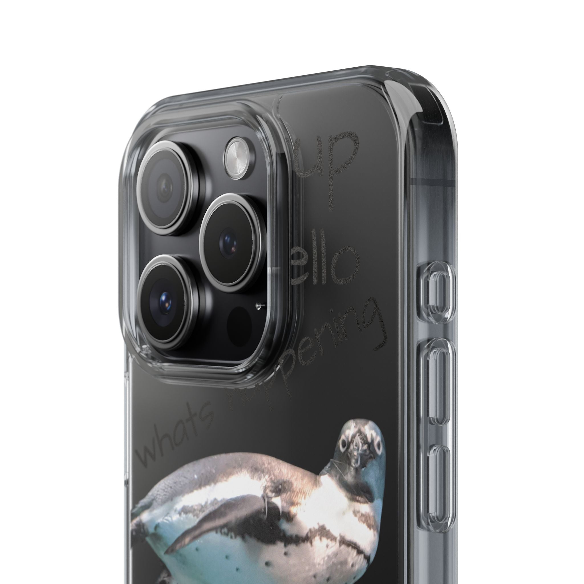 Clear Penguin Phone Case — Cute Floating Penguin with Casual Greetings, Clear Impact‑Resistant iPhone Case