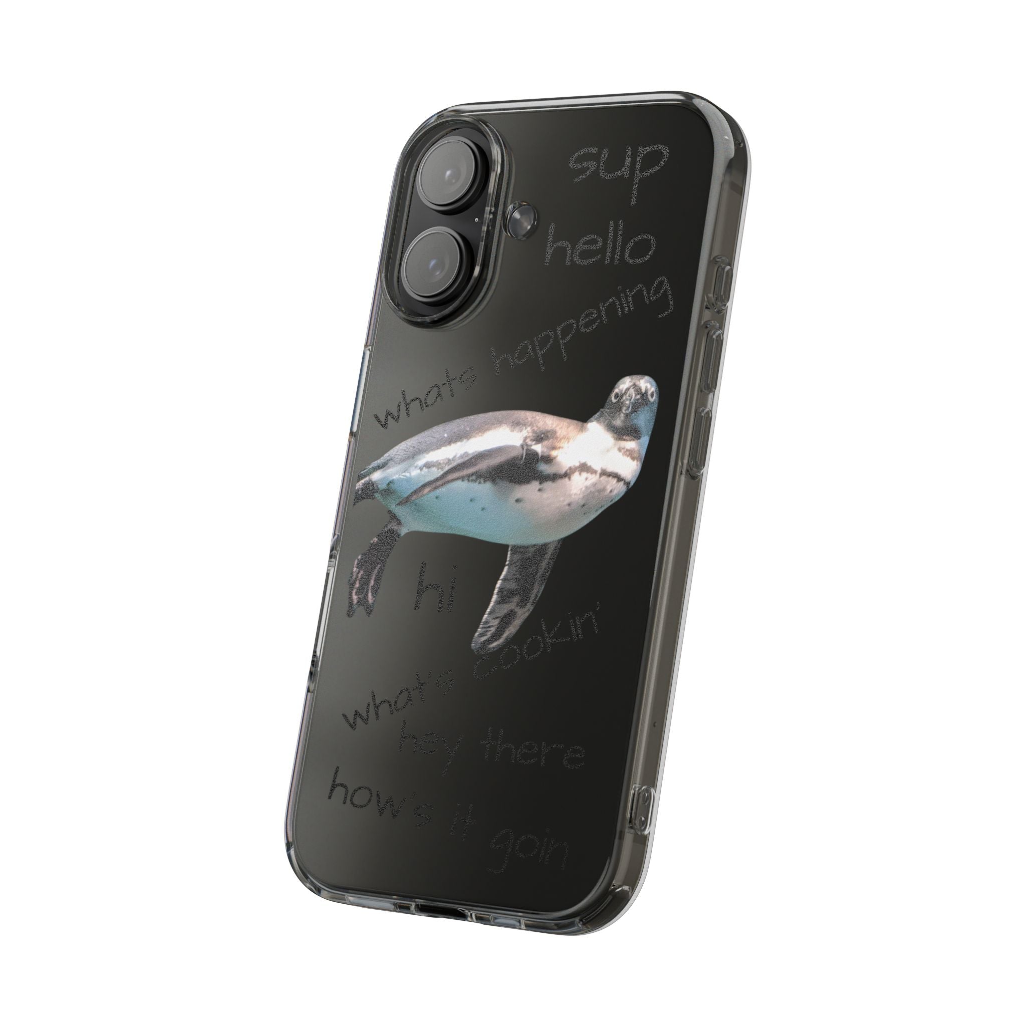 Clear Penguin Phone Case — Cute Floating Penguin with Casual Greetings, Clear Impact‑Resistant iPhone Case